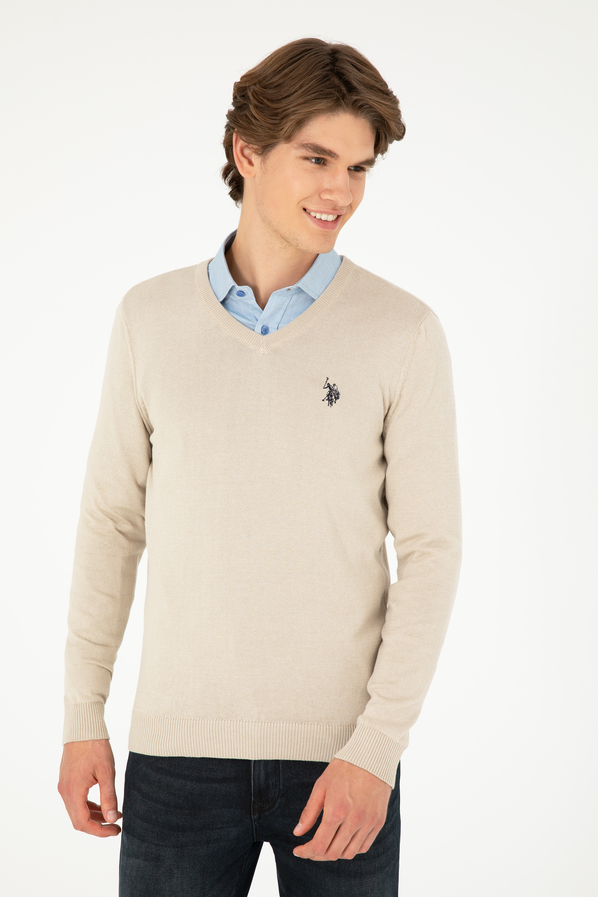 بافت بیسیک یقه هفت خاکستری ملانژ اندامی مردانه یو اس پولو | US POLO ASSN