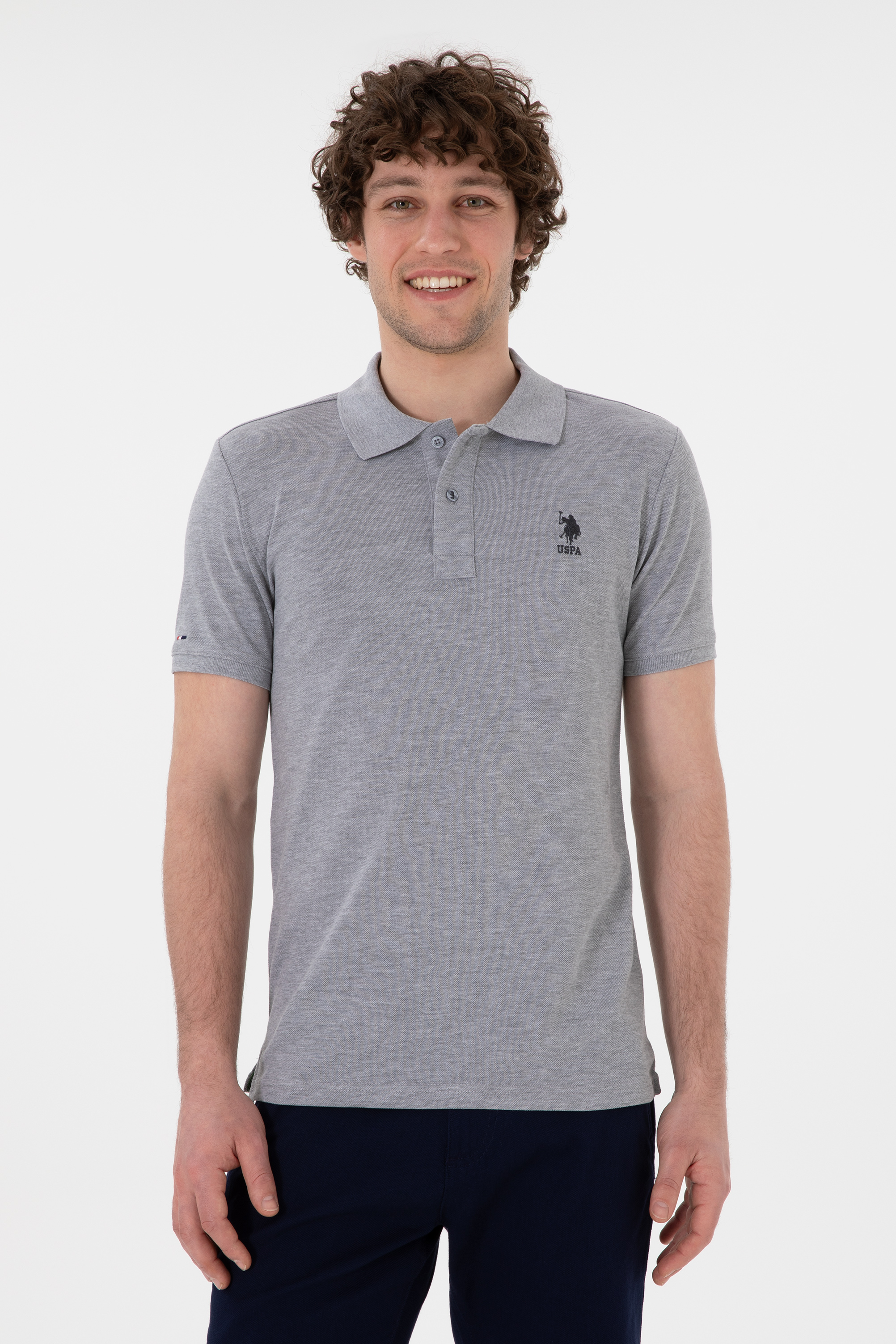 تی شرت بیسیک یقه پیراهنی خاکستری ملانژ اندامی آستین کوتاه مردانه یو اس پولو | US POLO ASSN