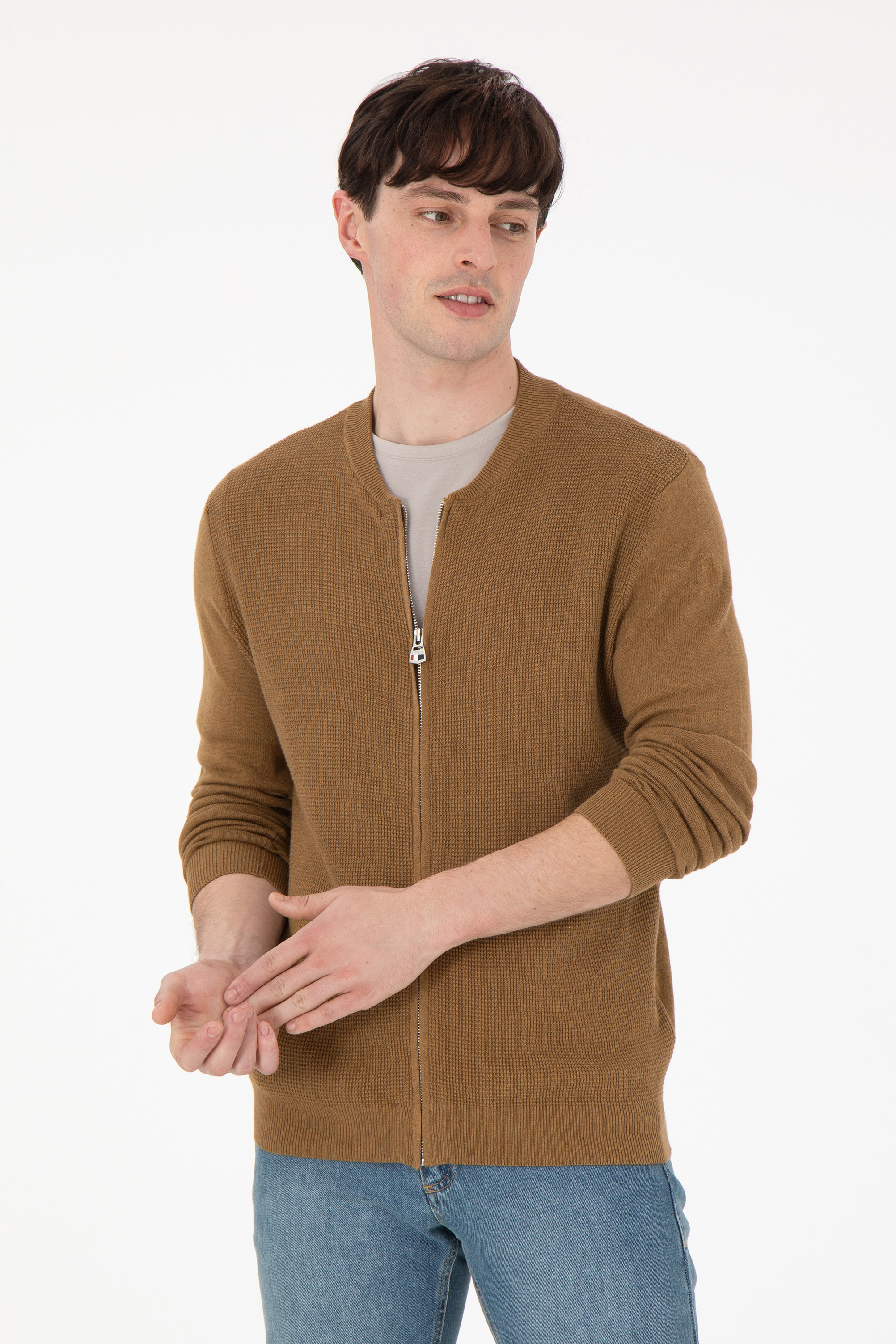 ژاکت تریکو بیسیک یقه گرد خاکی ملانژ رگولار آستین بلند مردانه یو اس پولو | US POLO ASSN