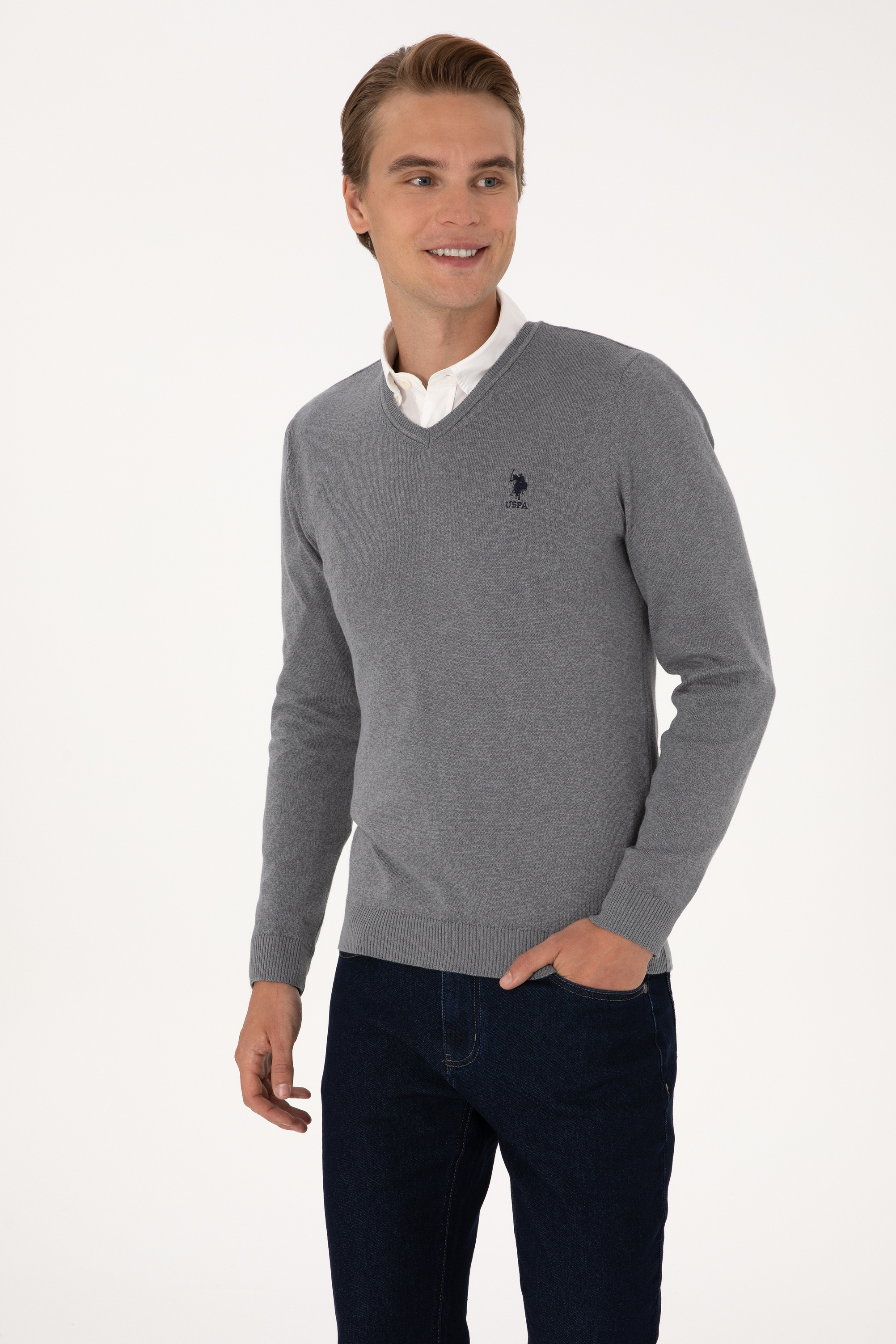 بافت بیسیک یقه هفت خاکستری ملانژ اندامی آستین بلند مردانه یو اس پولو | US POLO ASSN