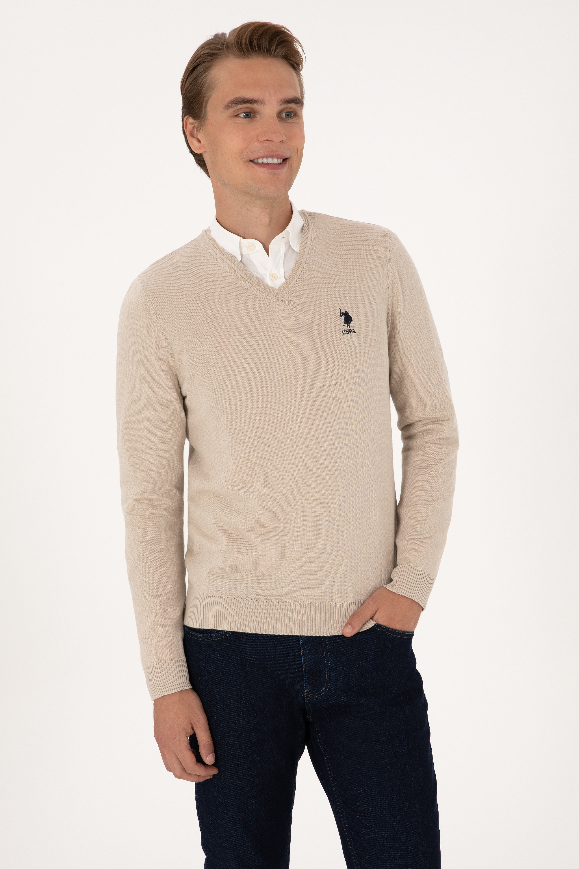 بافت بیسیک یقه هفت خاکستری ملانژ اندامی آستین بلند مردانه یو اس پولو | US POLO ASSN