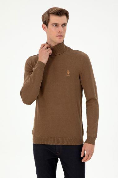 بافت بیسیک یقه اسکی خاکی ملانژ  اندامی آستین بلند مردانه یو اس پولو | US POLO ASSN