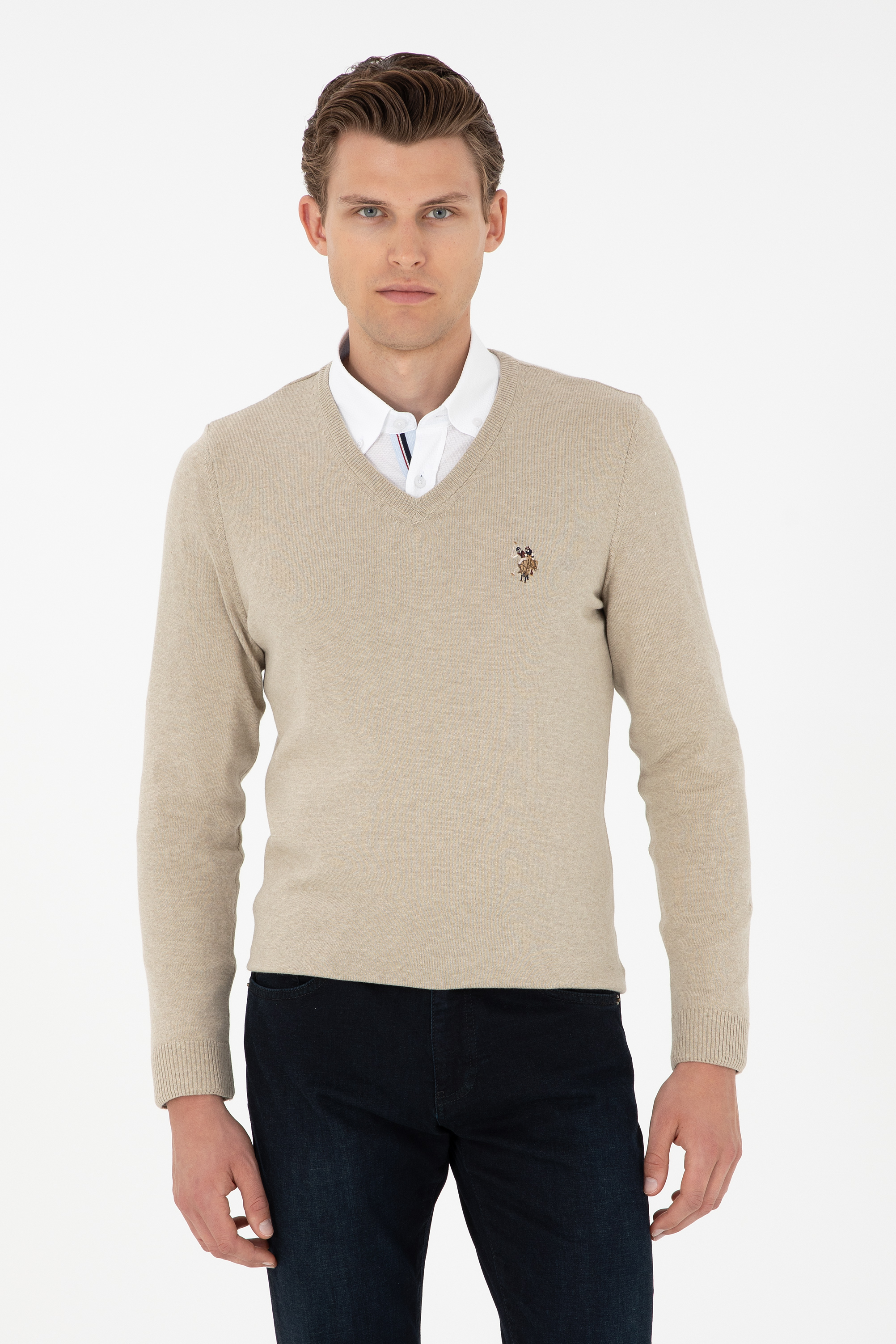 بافت بیسیک یقه هفت خاکی روشن ملانژ اندامی مردانه یو اس پولو | US POLO ASSN
