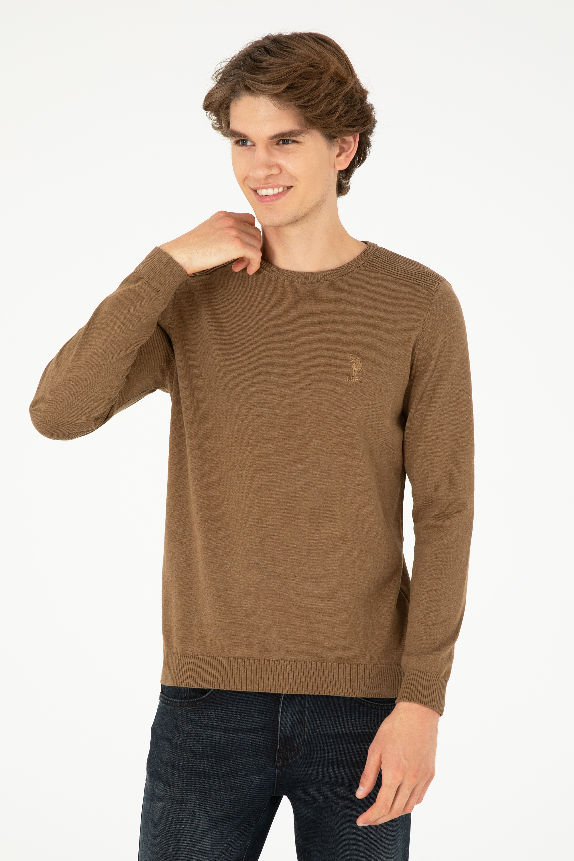 بافت بیسیک یقه گرد خاکی ملانژ اندامی مردانه یو اس پولو | US POLO ASSN