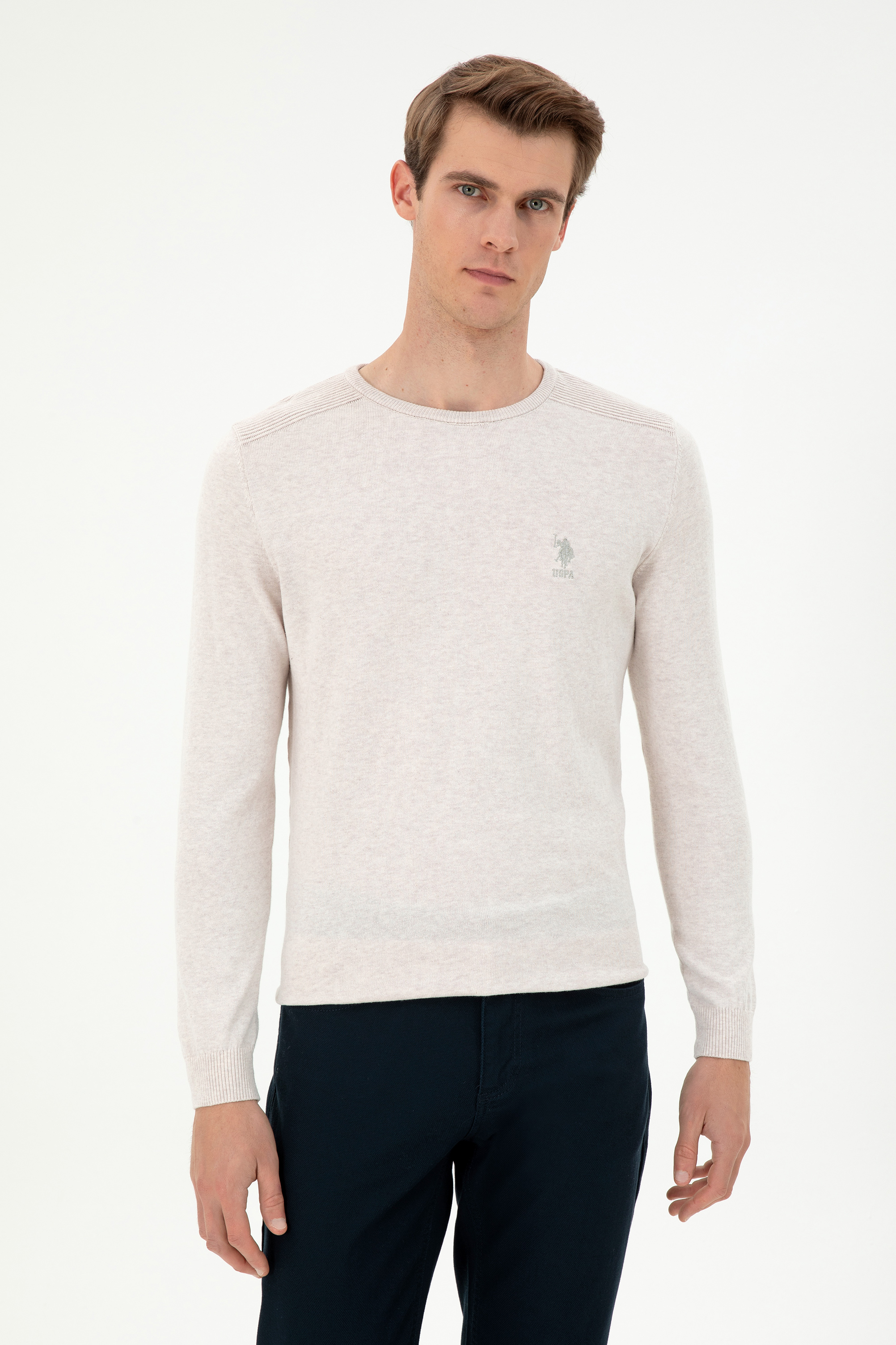 بافت بیسیک یقه گرد خاکستری ملانژ اندامی مردانه یو اس پولو | US POLO ASSN