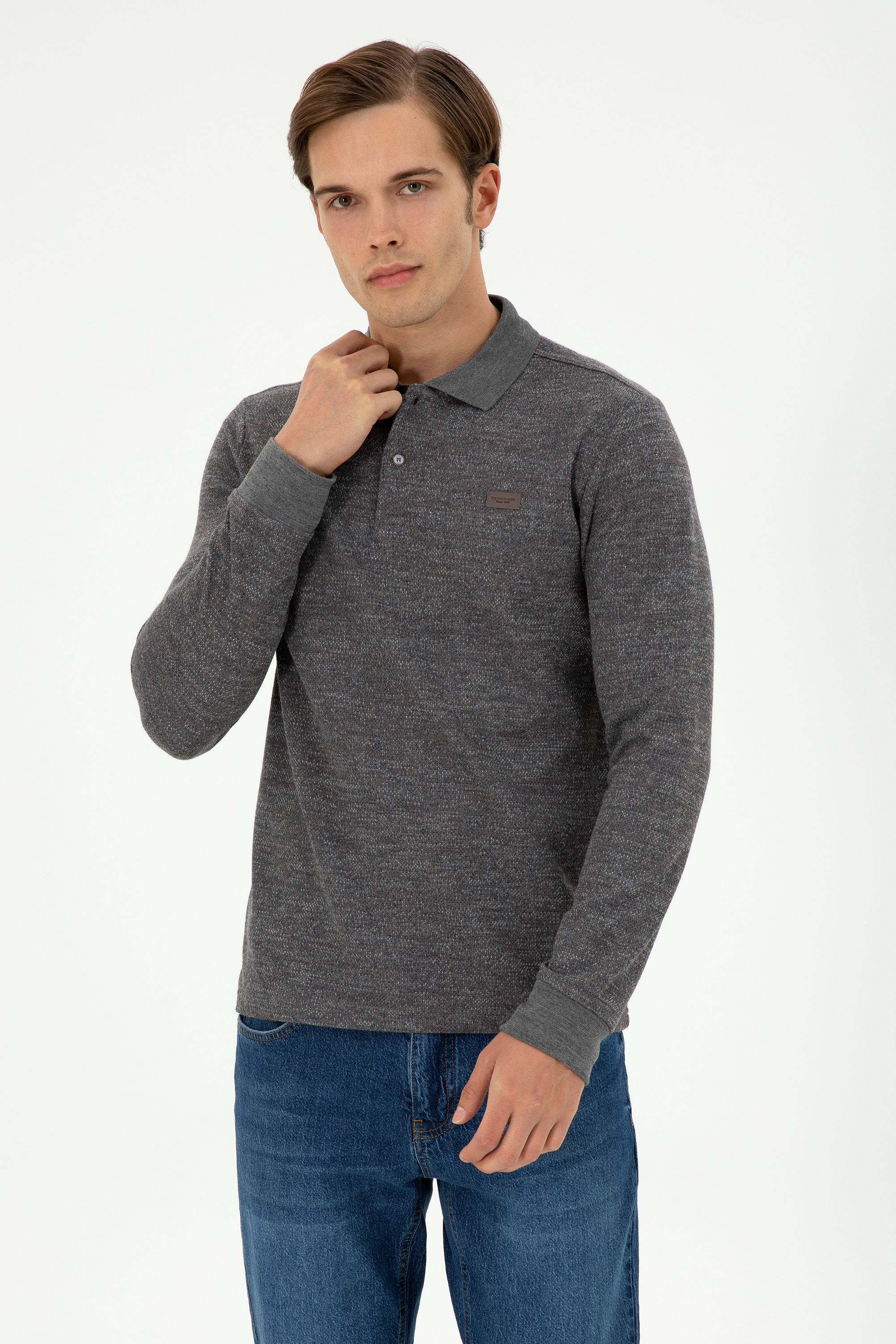 سویشرت یقه پیراهنی خاکستری ملانژ رگولار آستین بلند مردانه یو اس پولو | US POLO ASSN