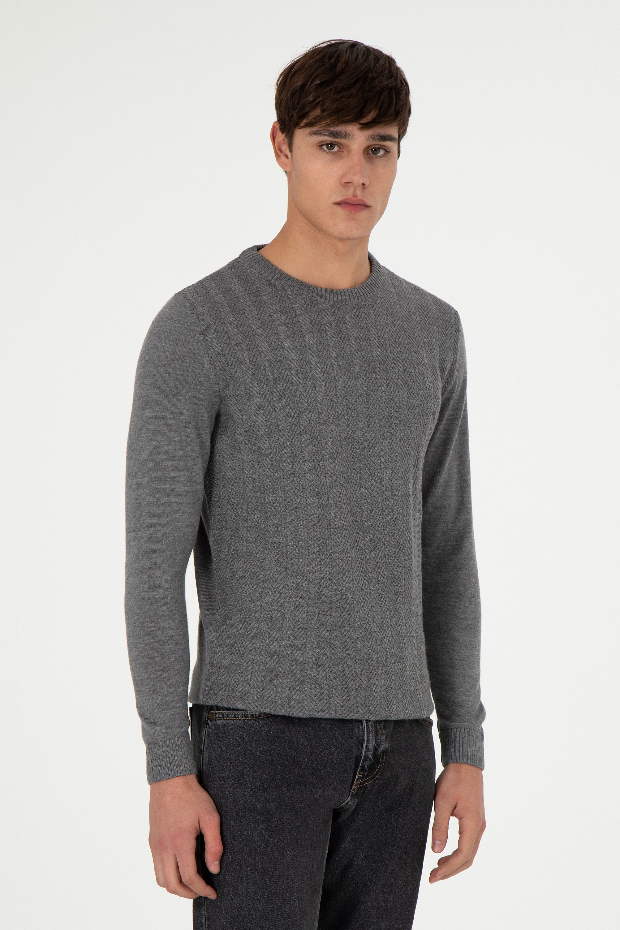 بافت یقه گرد خاکستری ملانژ اندامی مردانه یو اس پولو | US POLO ASSN