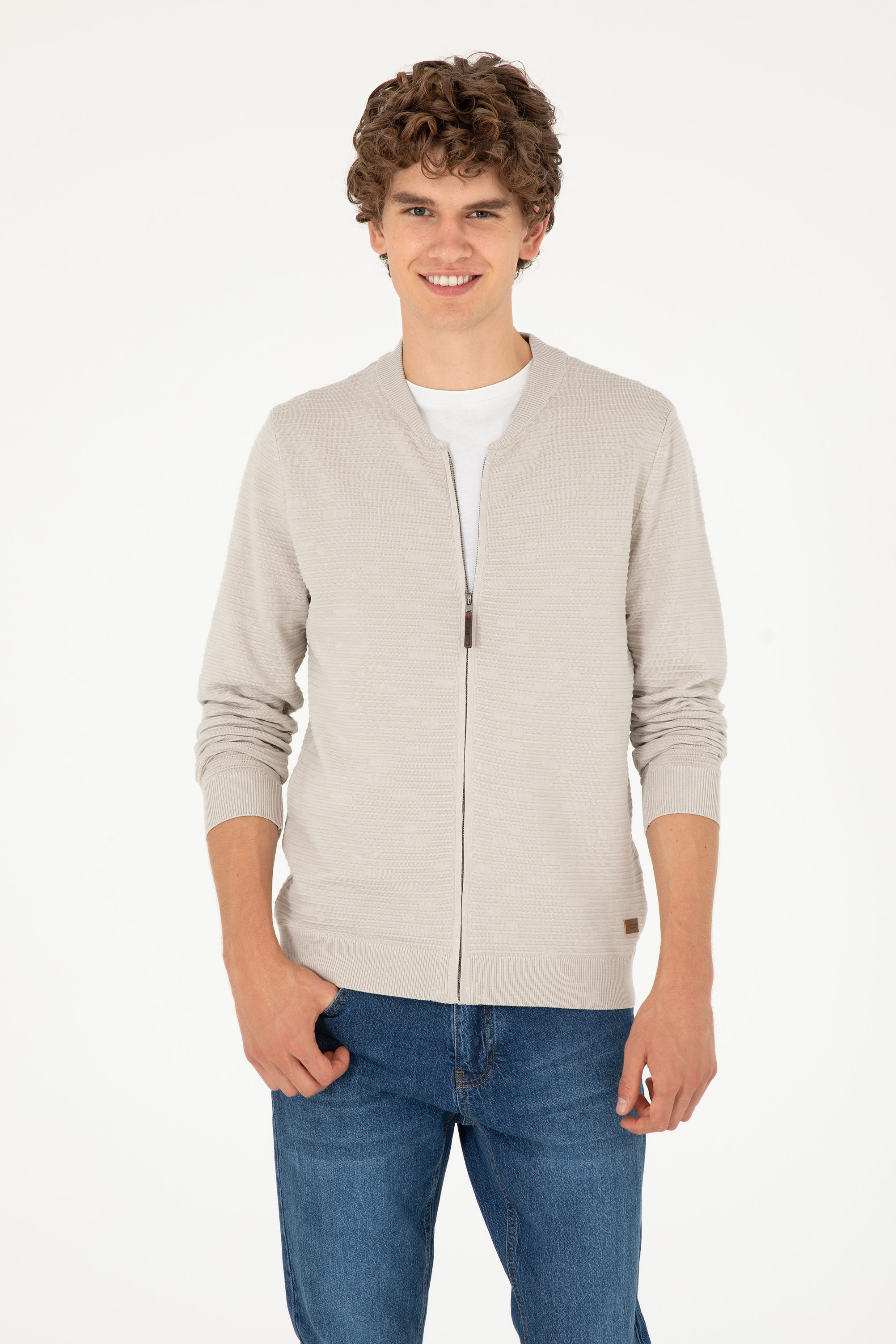 ژاکت تریکو یقه ایستاده خاکستری ملانژ رگولار آستین بلند مردانه یو اس پولو | US POLO ASSN