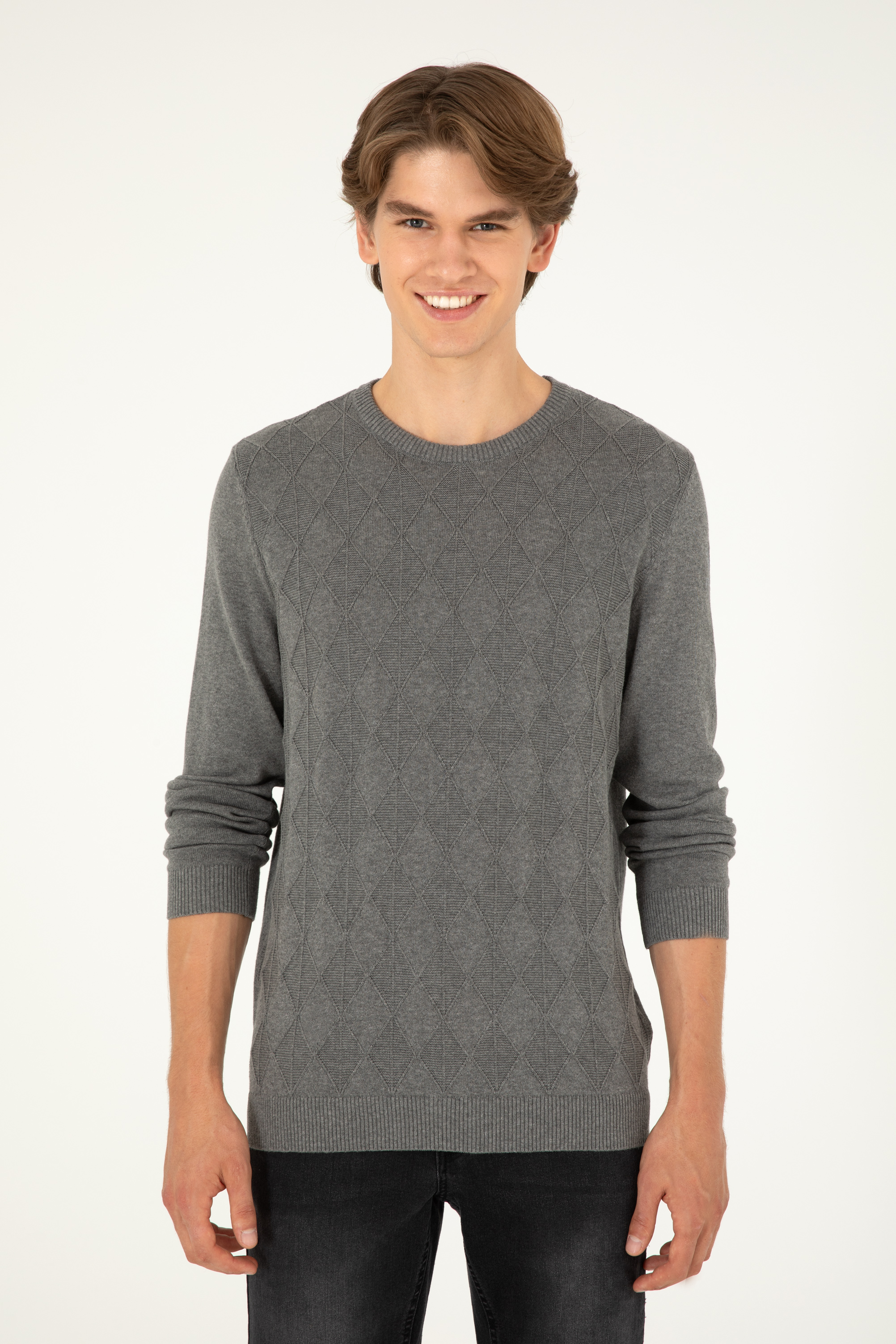 بافت یقه گرد خاکستری ملانژ اندامی آستین بلند مردانه یو اس پولو | US POLO ASSN