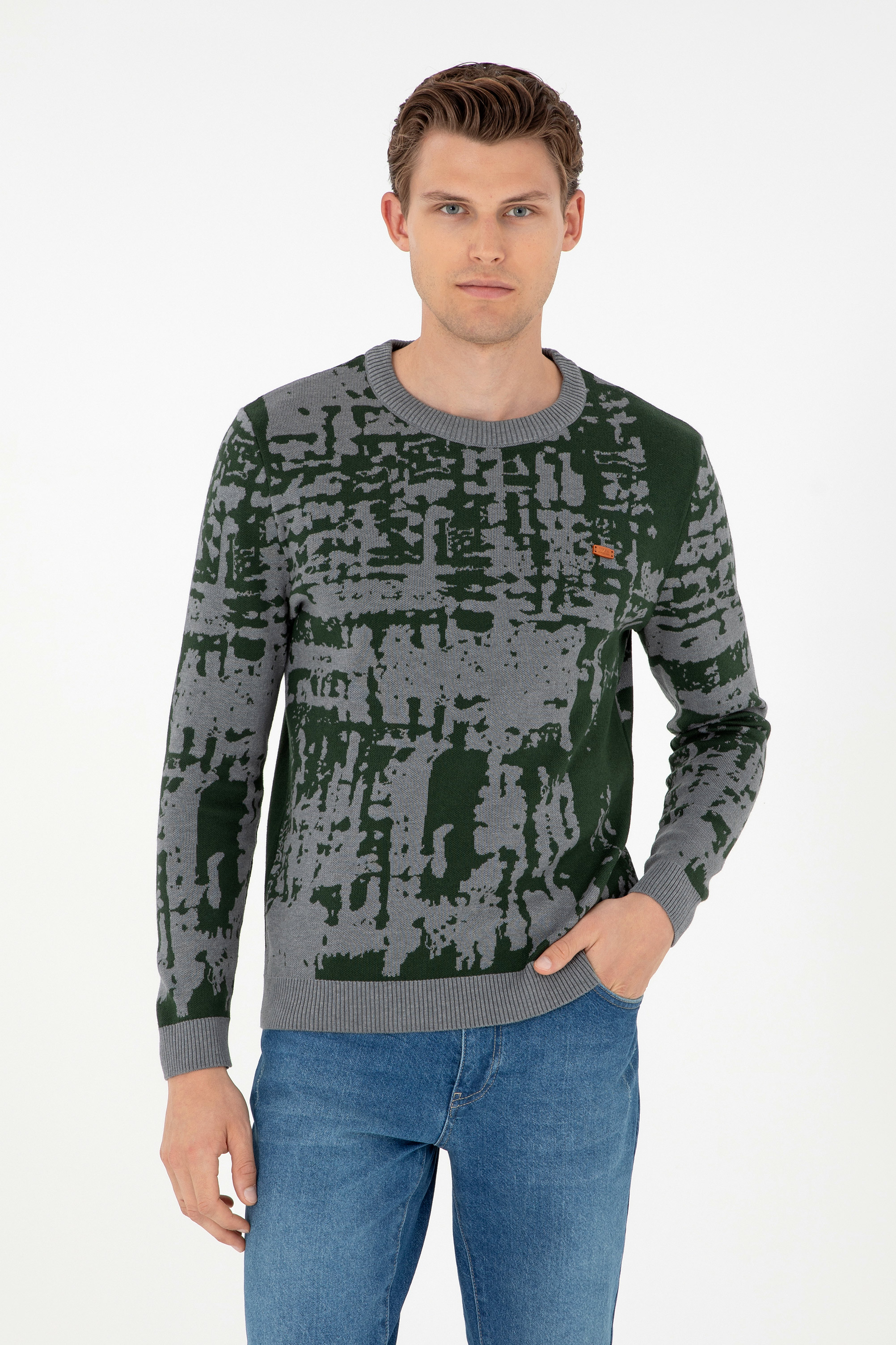 بافت یقه گرد خاکستری ملانژ رگولار آستین بلند مردانه یو اس پولو | US POLO ASSN