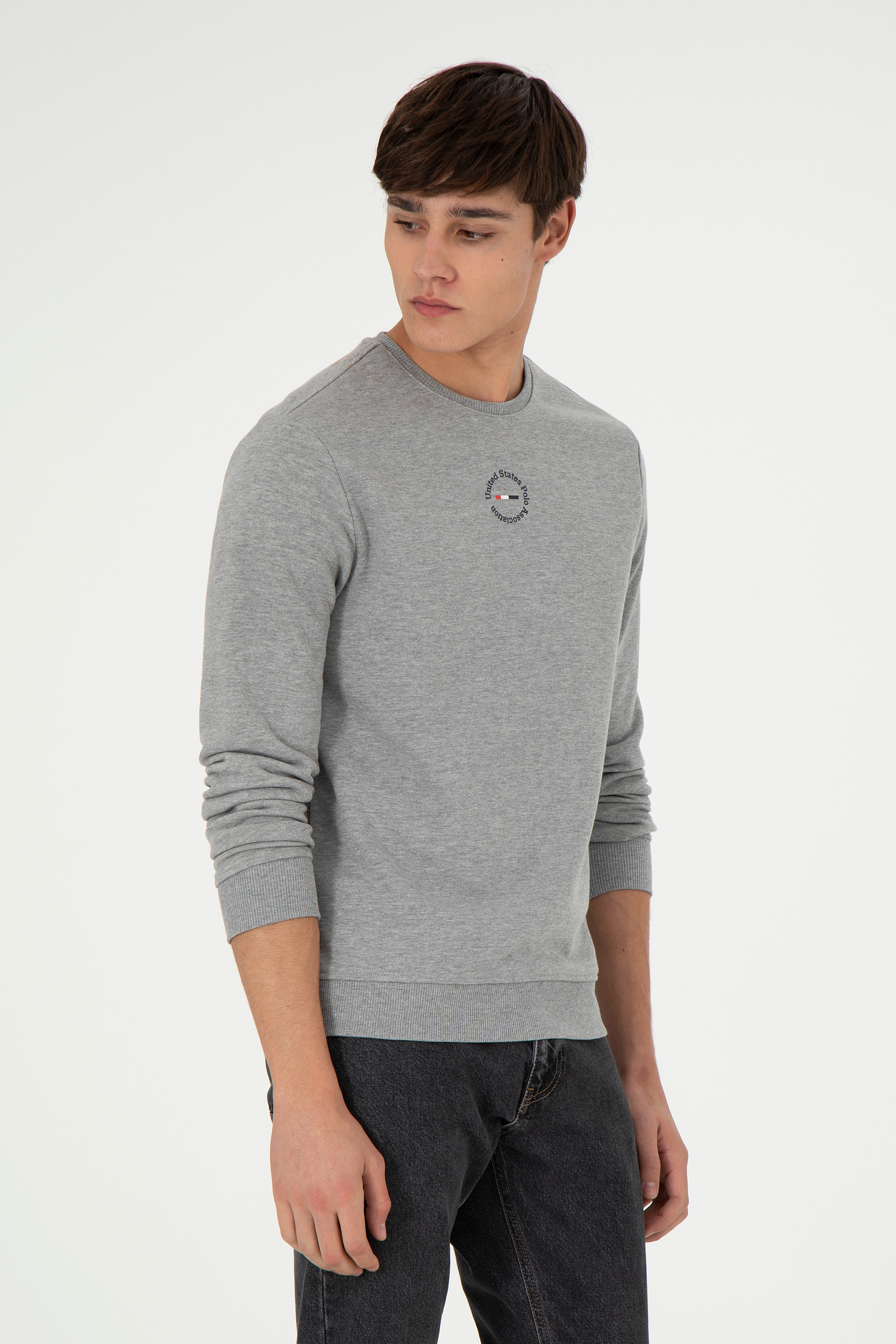 سویشرت یقه گرد خاکستری ملانژ رگولار آستین بلند مردانه یو اس پولو | US POLO ASSN