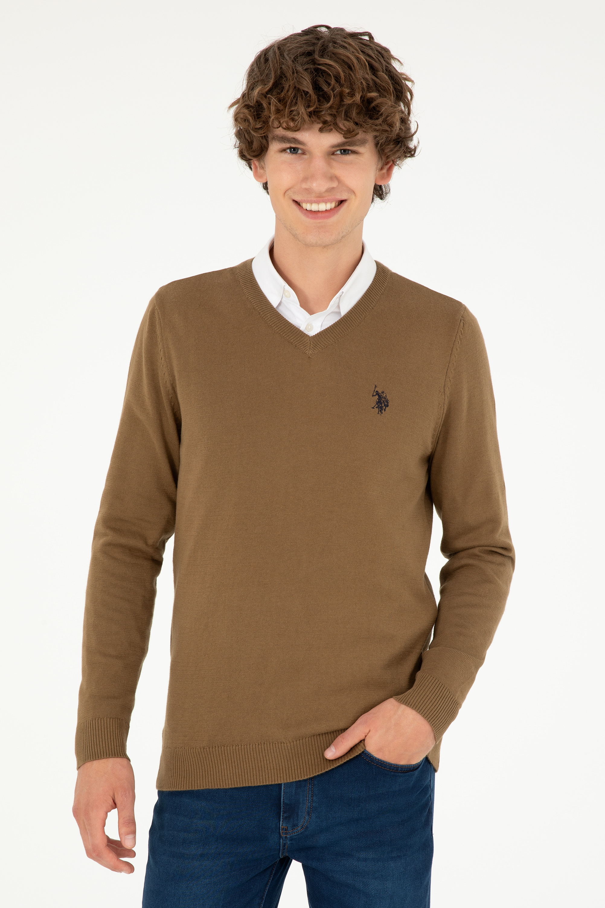 بافت بیسیک یقه هفت خاکی ملانژ اندامی مردانه یو اس پولو | US POLO ASSN