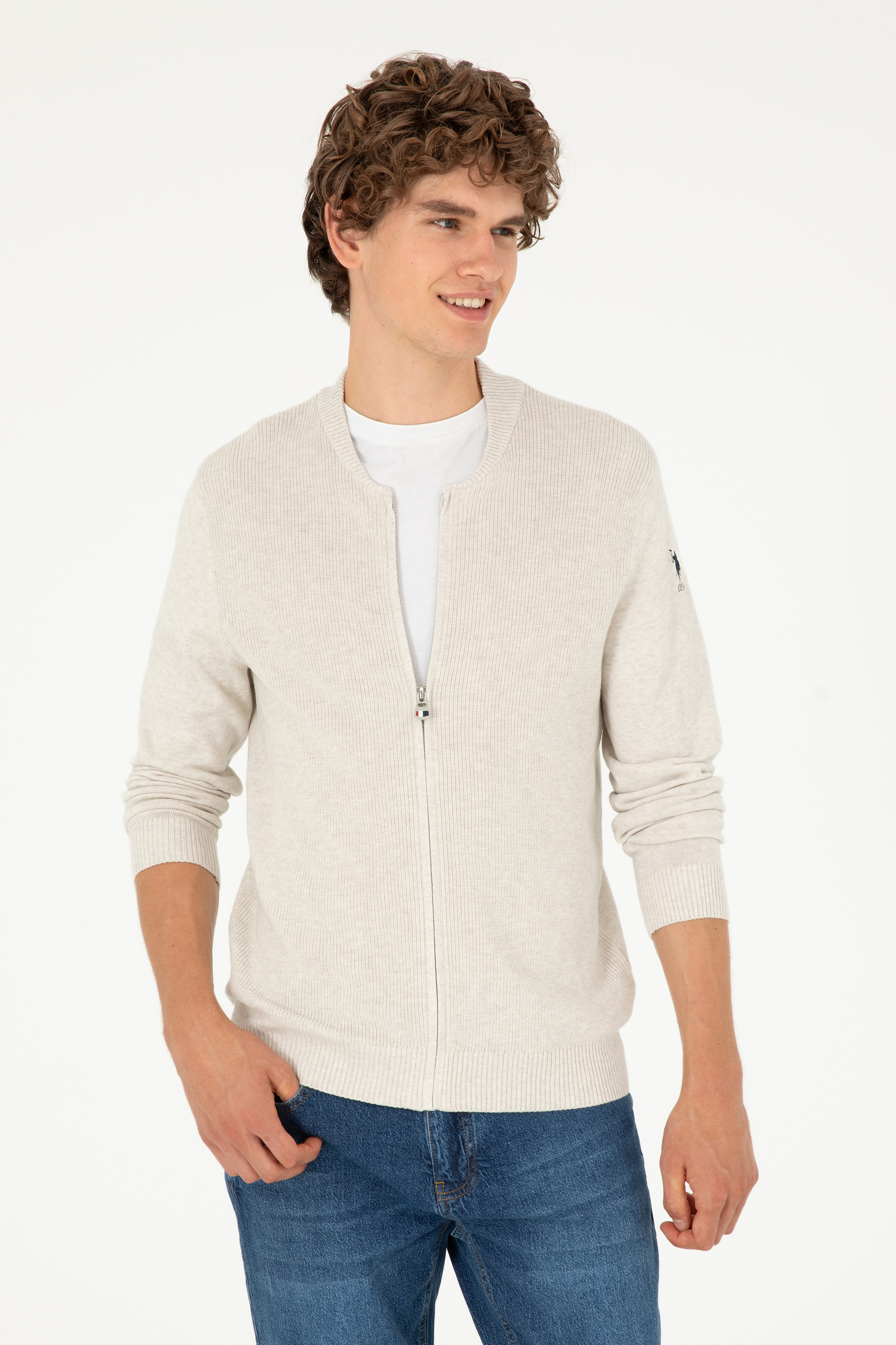 ژاکت تریکو بیسیک خاکستری ملانژ رگولار مردانه یو اس پولو | US POLO ASSN