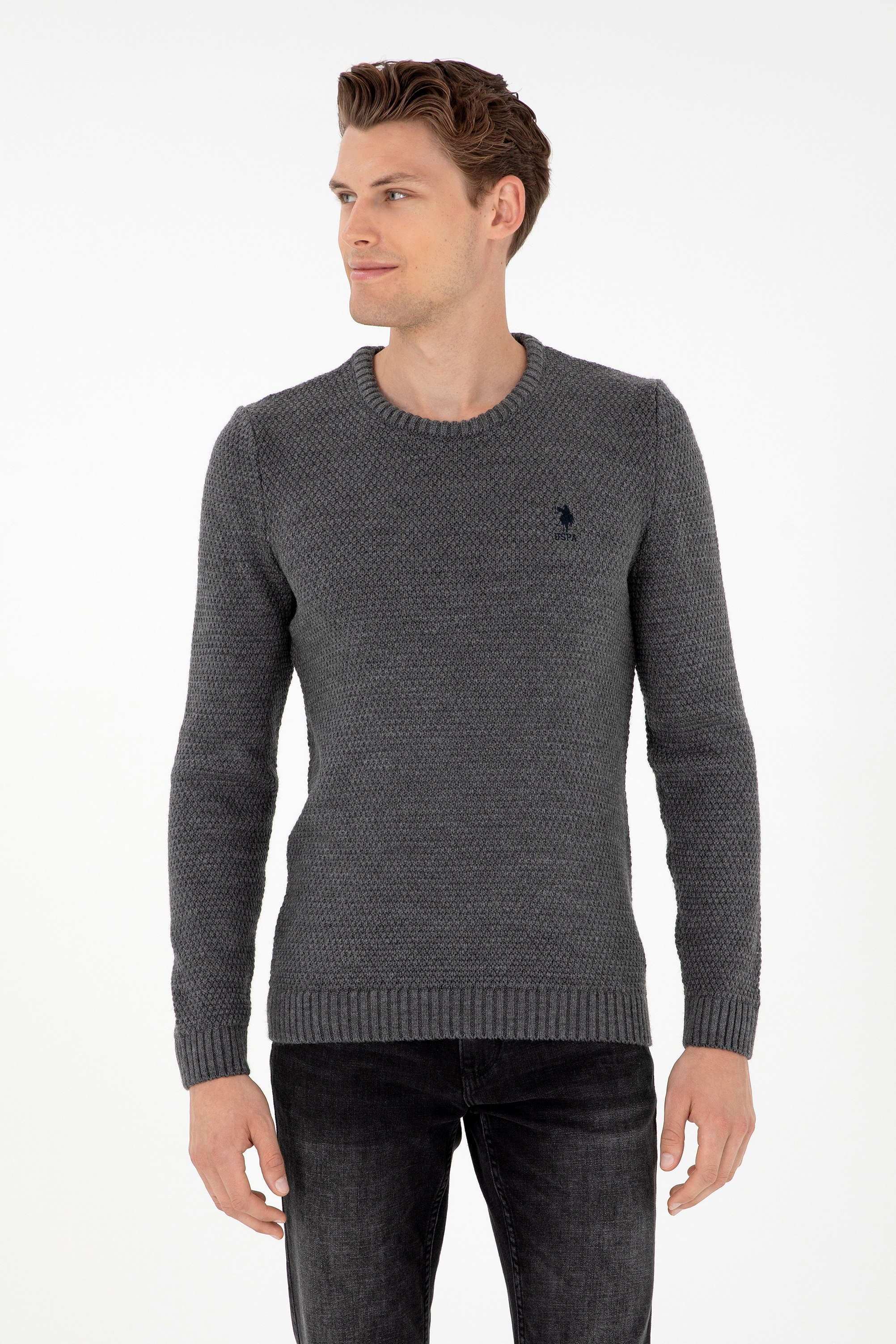 بافت یقه گرد خاکستری ملانژ اندامی آستین بلند مردانه یو اس پولو | US POLO ASSN