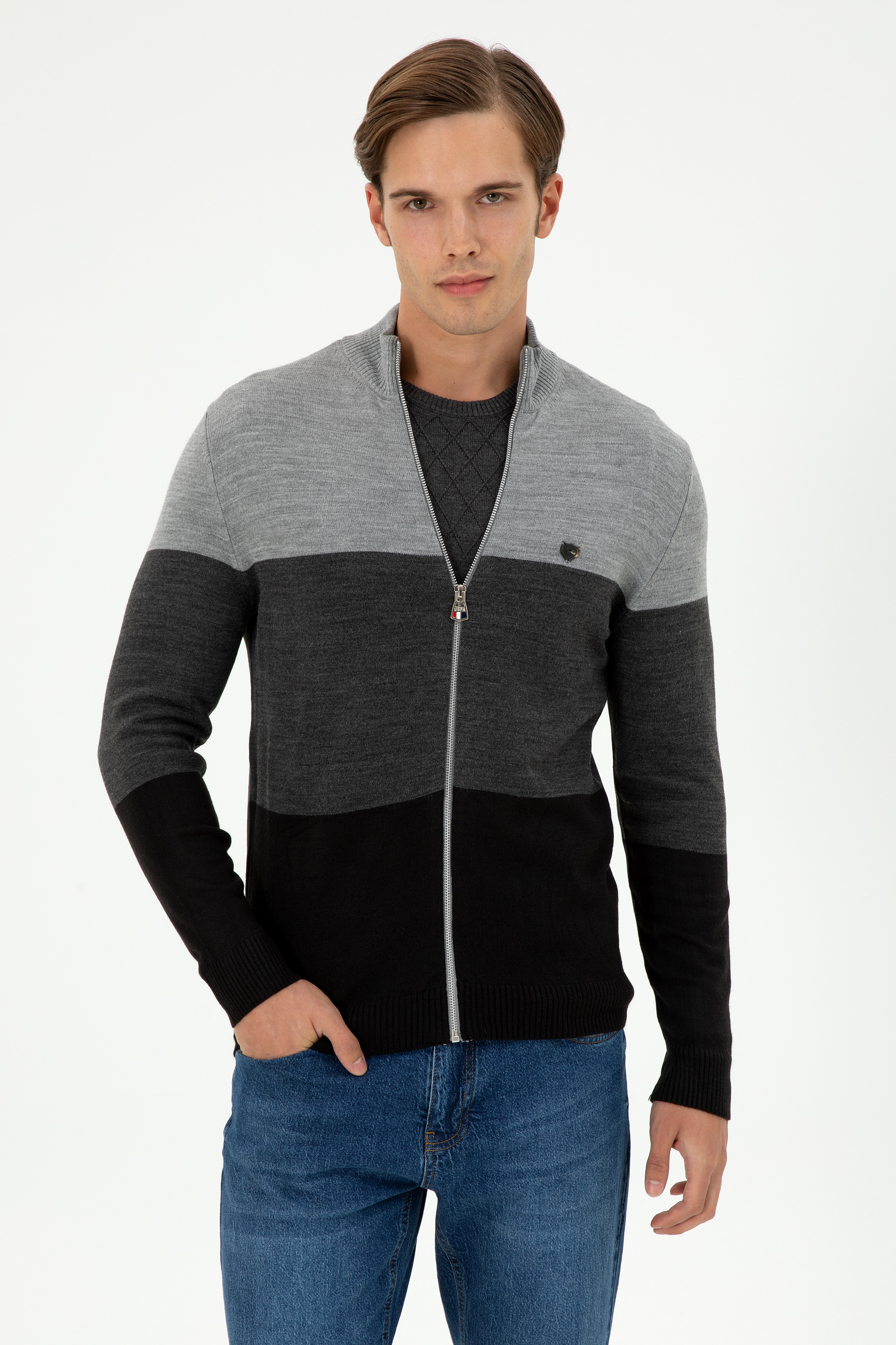 ژاکت تریکو خاکستری ملانژ اندامی مردانه یو اس پولو | US POLO ASSN