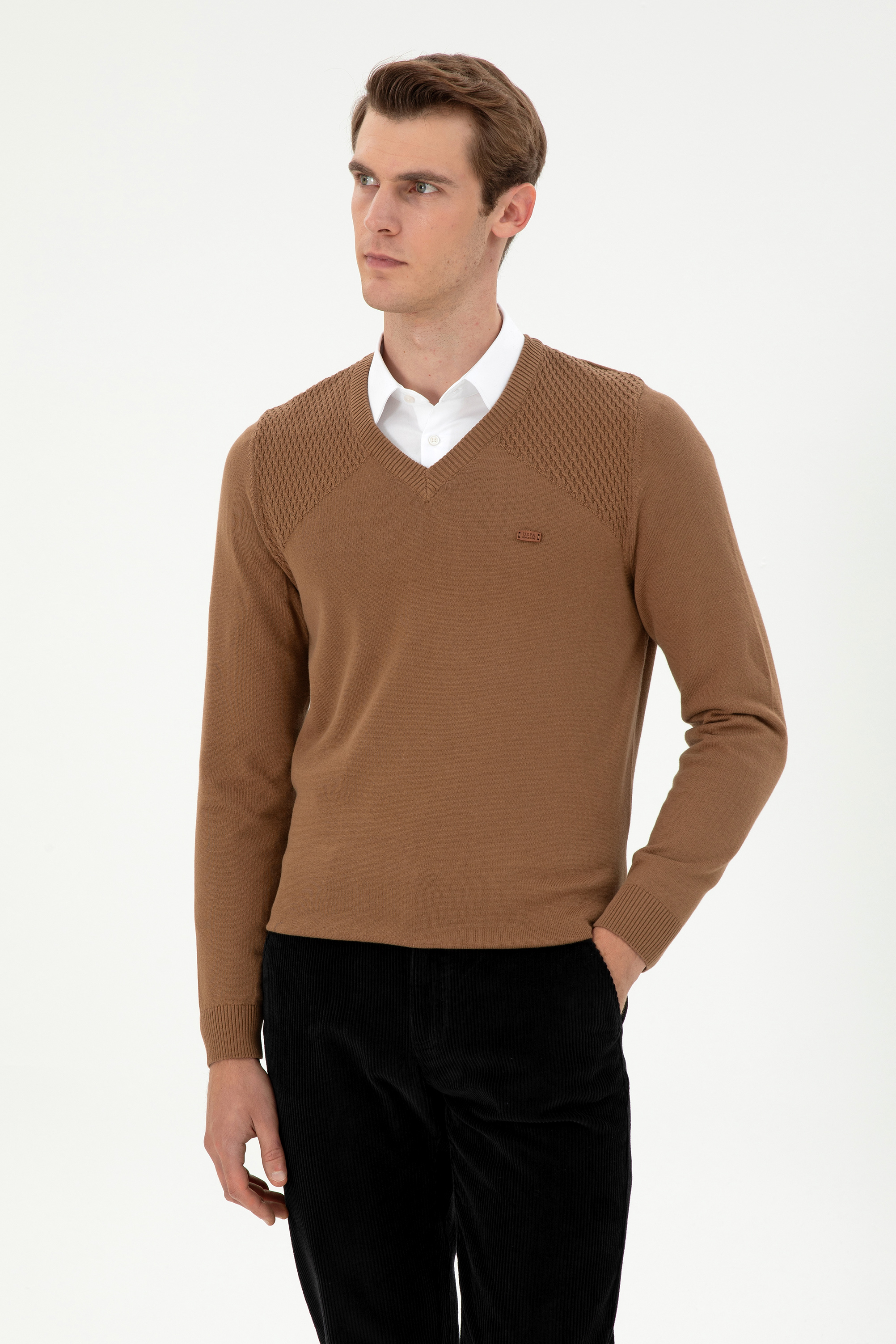 بافت یقه هفت خاکی ملانژ اندامی مردانه یو اس پولو | US POLO ASSN