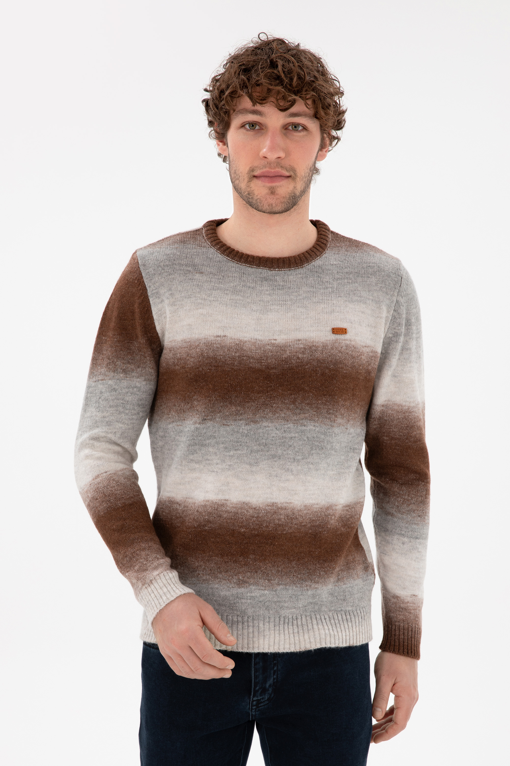 بافت یقه گرد خاکستری ملانژ اندامی مردانه یو اس پولو | US POLO ASSN