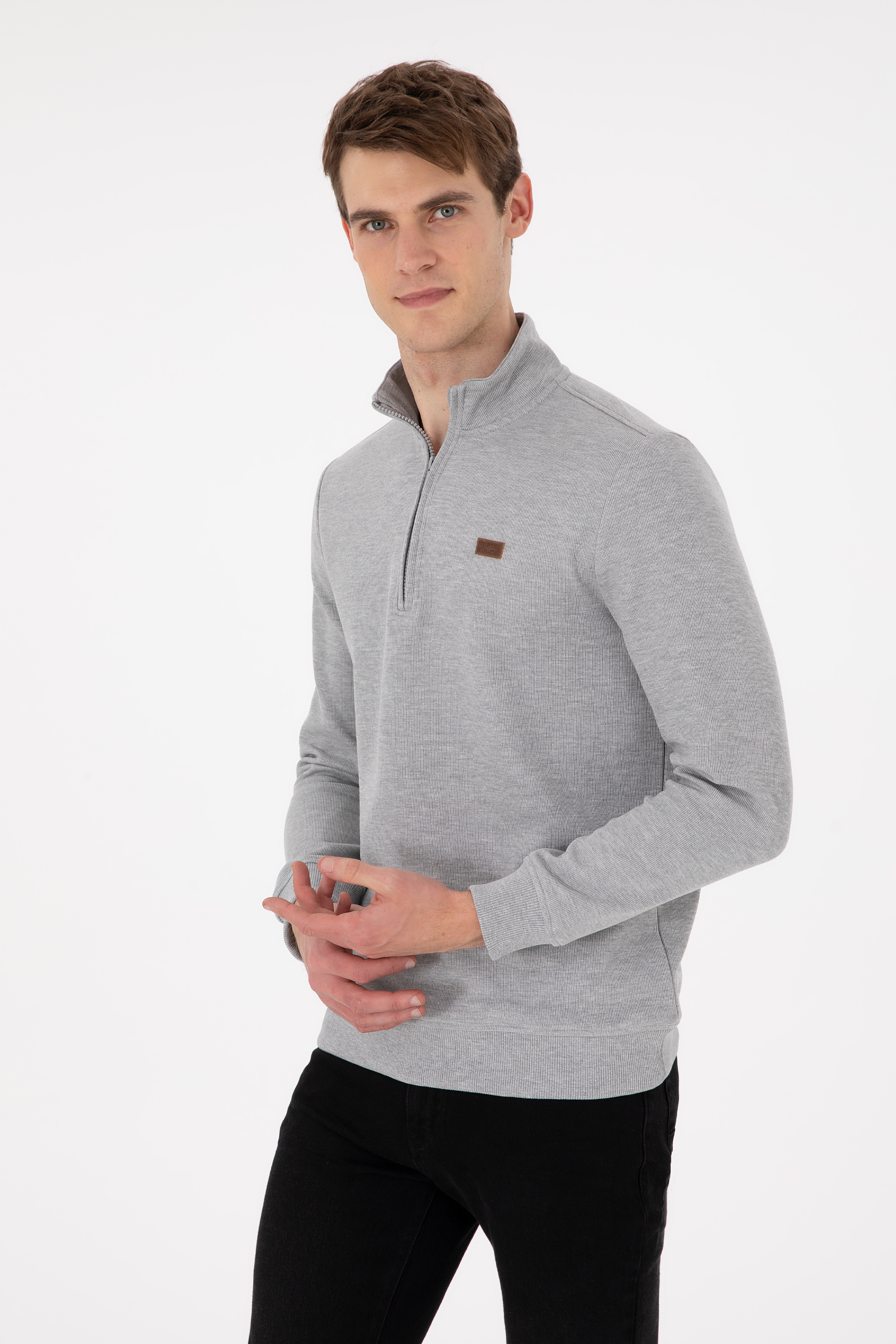 سویشرت بیسیک یقه ایستاده خاکستری ملانژ رگولار مردانه یو اس پولو | US POLO ASSN