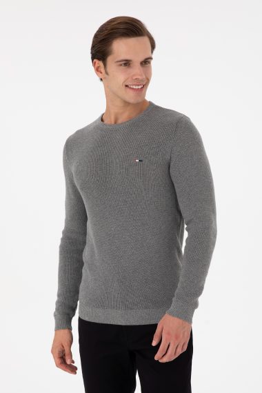 بافت بیسیک یقه گرد خاکستری ملانژ اندامی مردانه یو اس پولو | US POLO ASSN