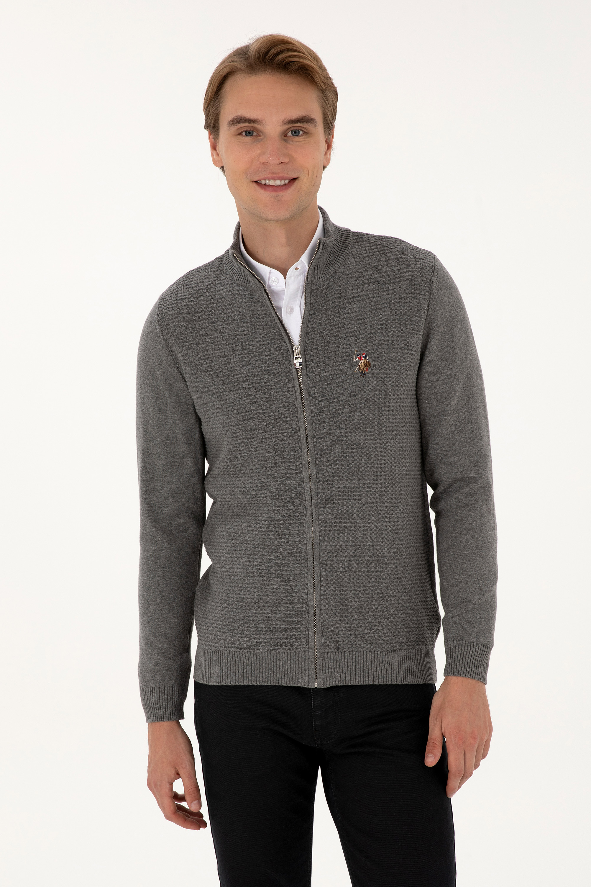 ژاکت تریکو بیسیک خاکستری ملانژ اندامی مردانه یو اس پولو | US POLO ASSN