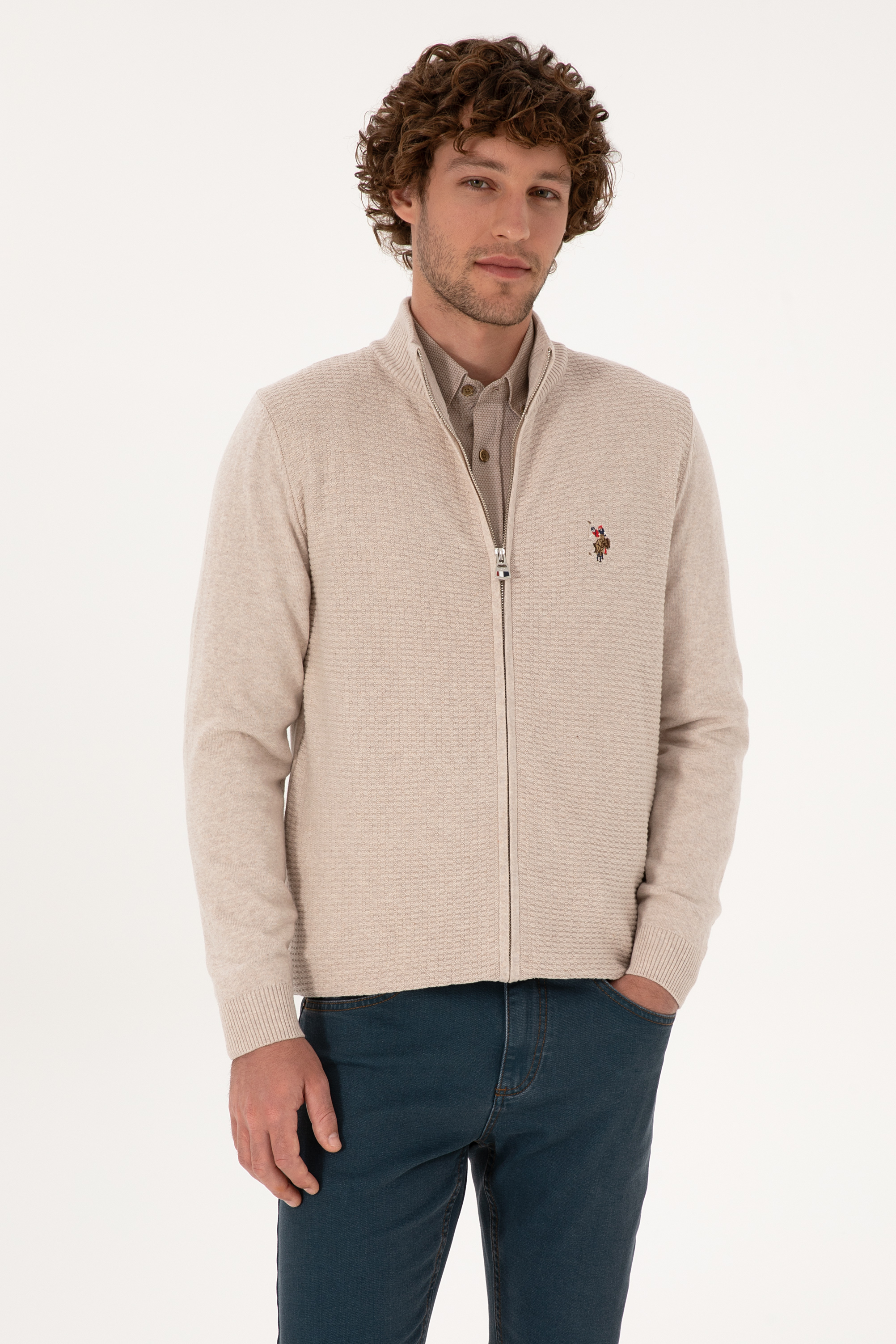 ژاکت تریکو بیسیک خاکستری ملانژ اندامی مردانه یو اس پولو | US POLO ASSN