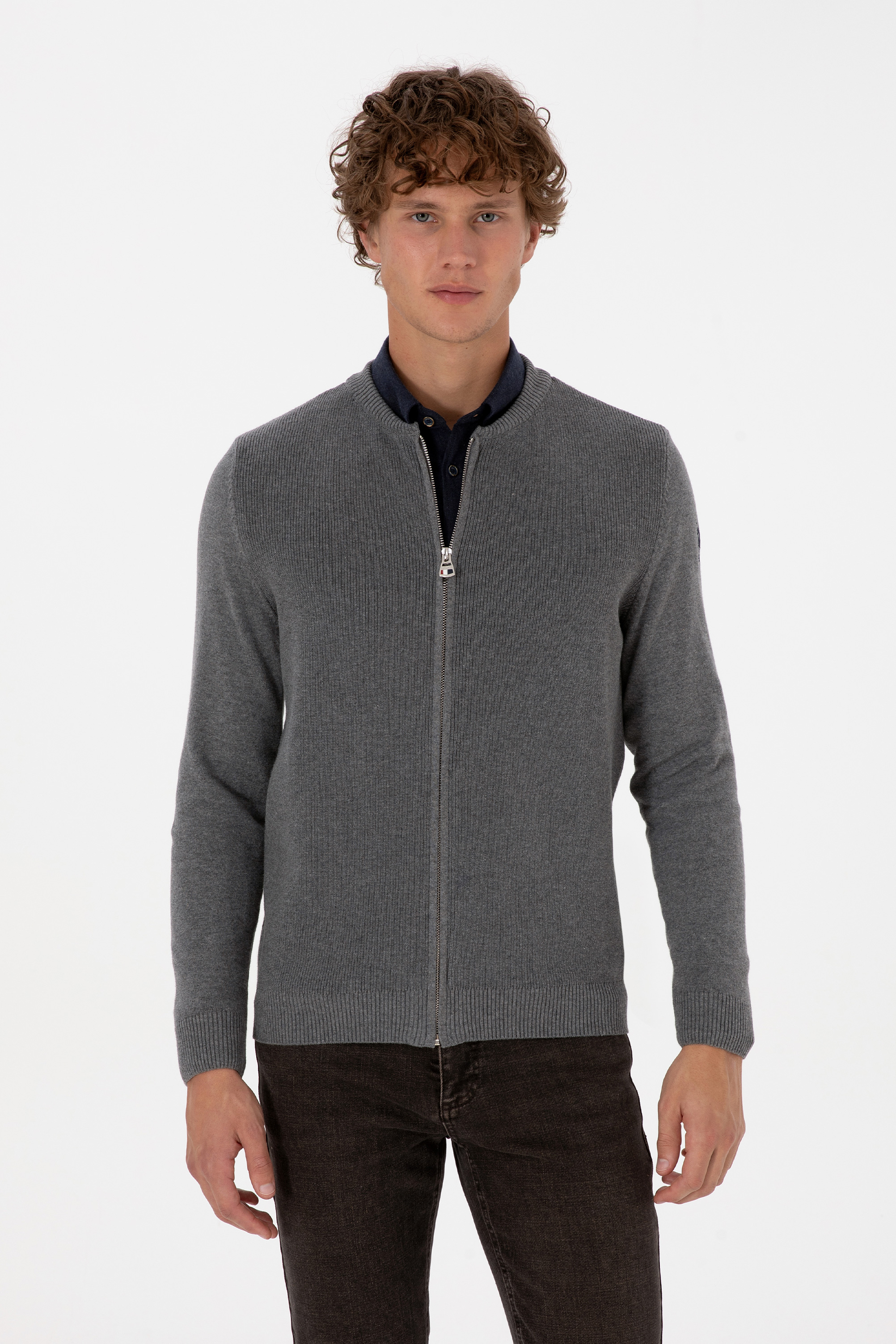 ژاکت تریکو بیسیک خاکستری ملانژ رگولار مردانه یو اس پولو | US POLO ASSN