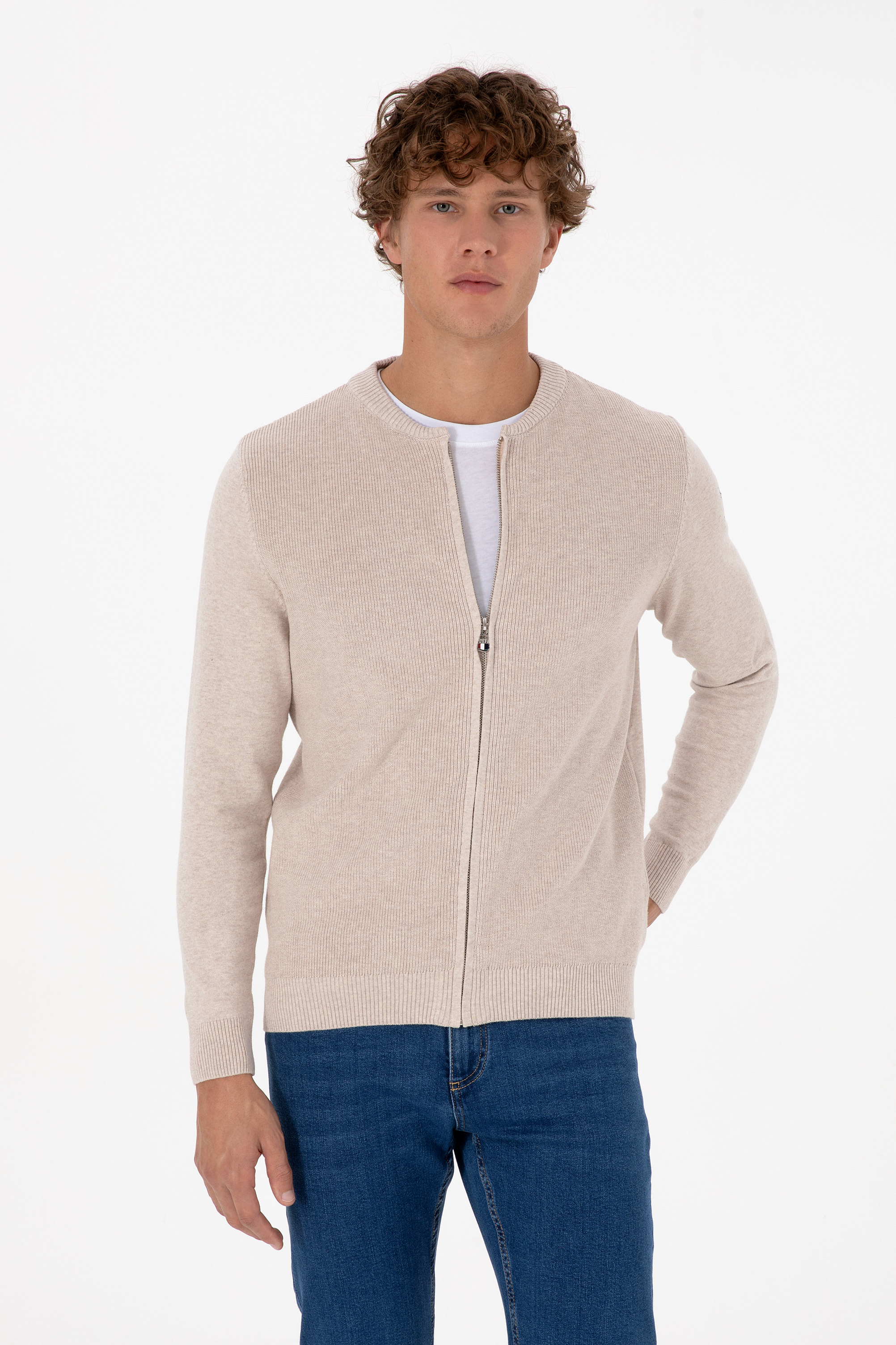 ژاکت تریکو بیسیک خاکستری ملانژ رگولار مردانه یو اس پولو | US POLO ASSN
