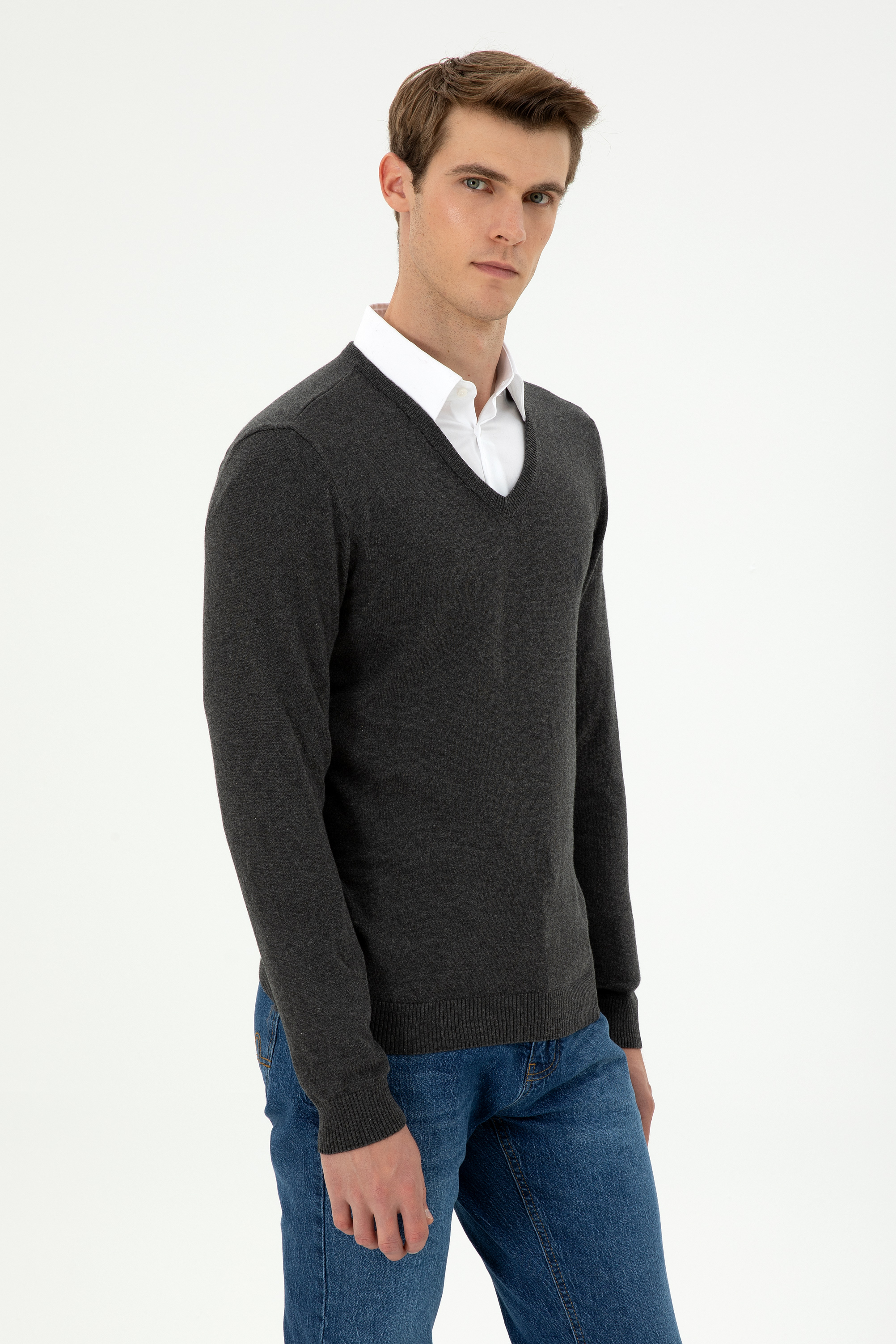 بافت بیسیک یقه هفت زغالی ملانژ اندامی مردانه یو اس پولو | US POLO ASSN