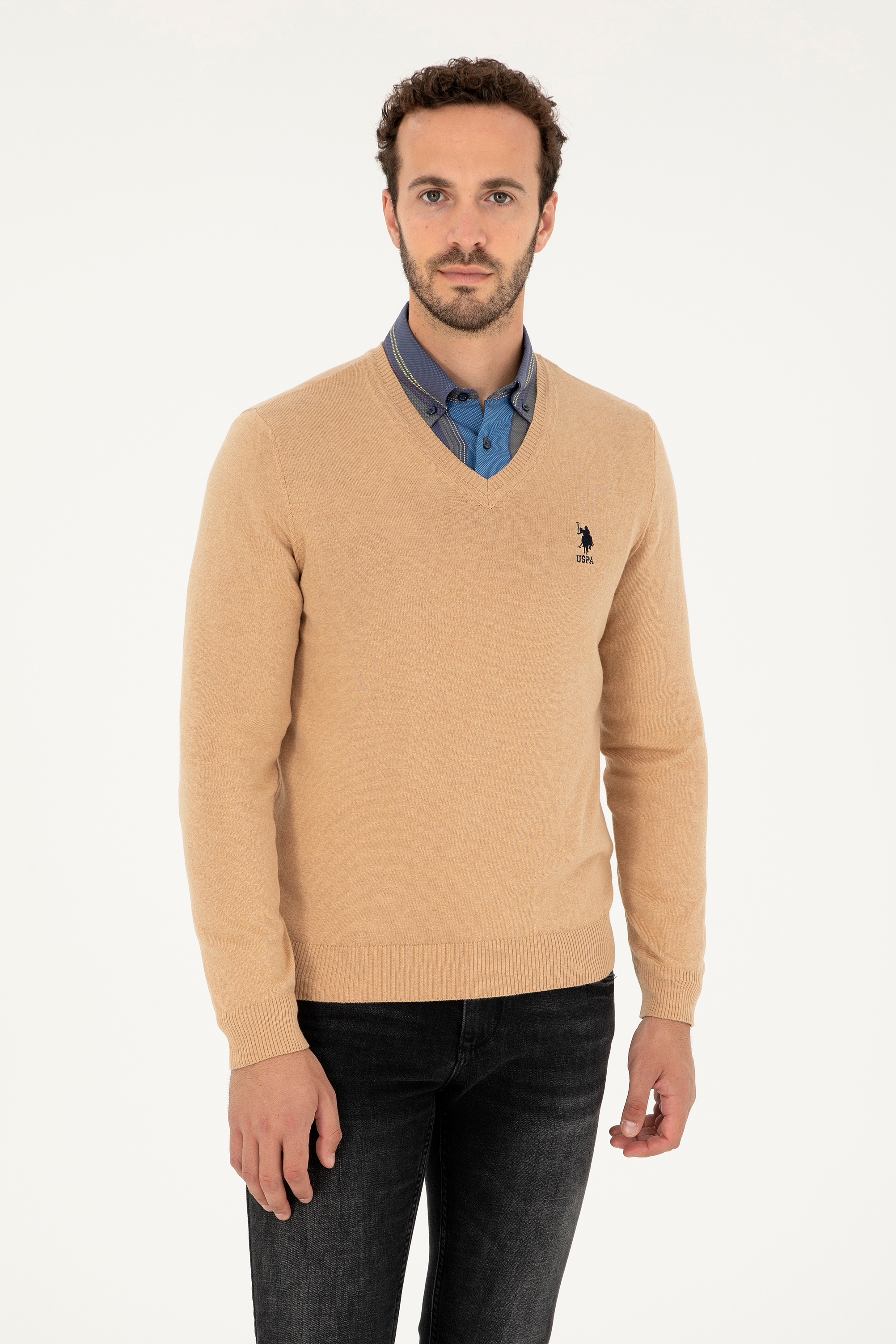 بافت بیسیک یقه هفت کرمی ملانژ اندامی مردانه یو اس پولو | US POLO ASSN