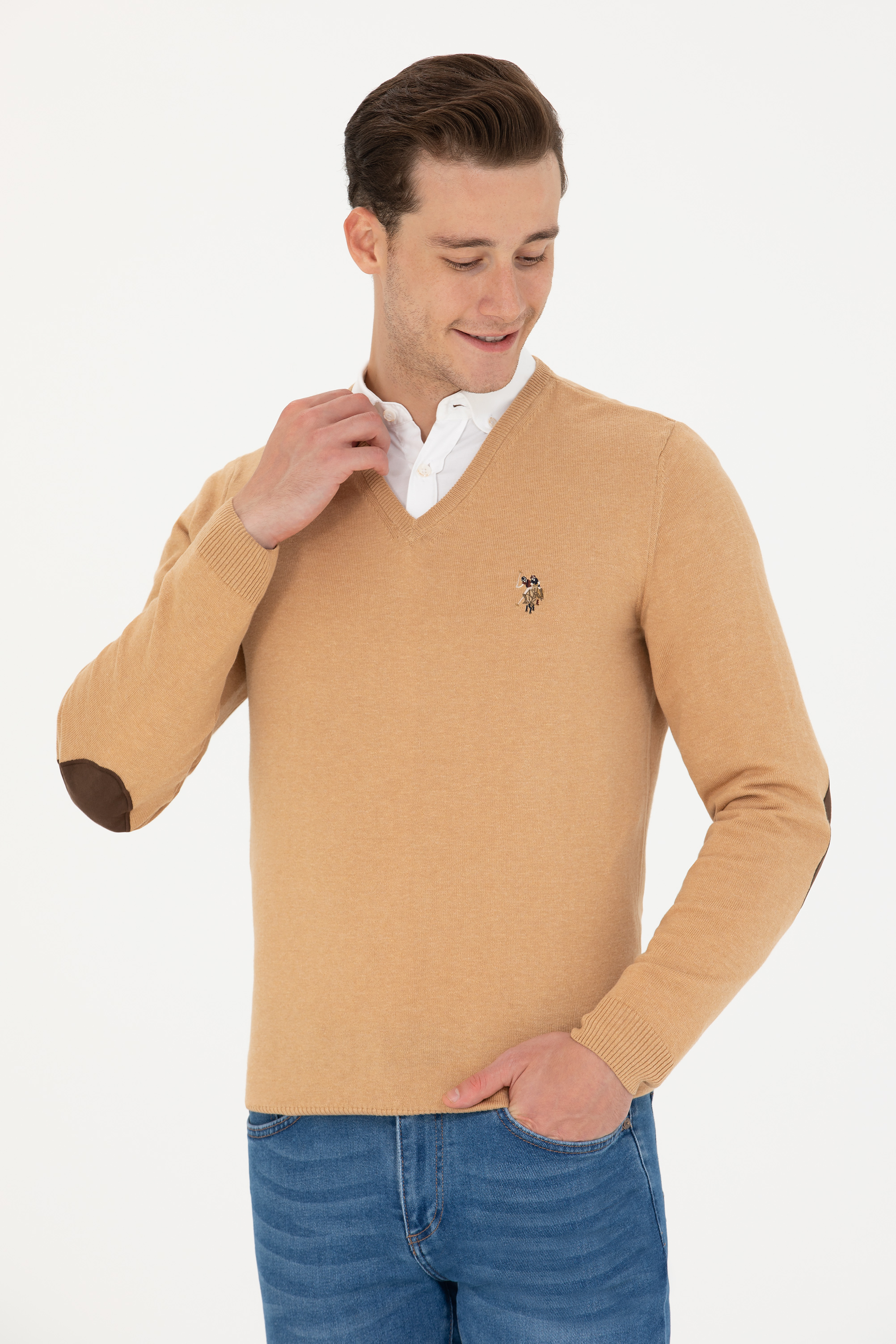 بافت بیسیک یقه هفت کرمی ملانژ اندامی مردانه یو اس پولو | US POLO ASSN