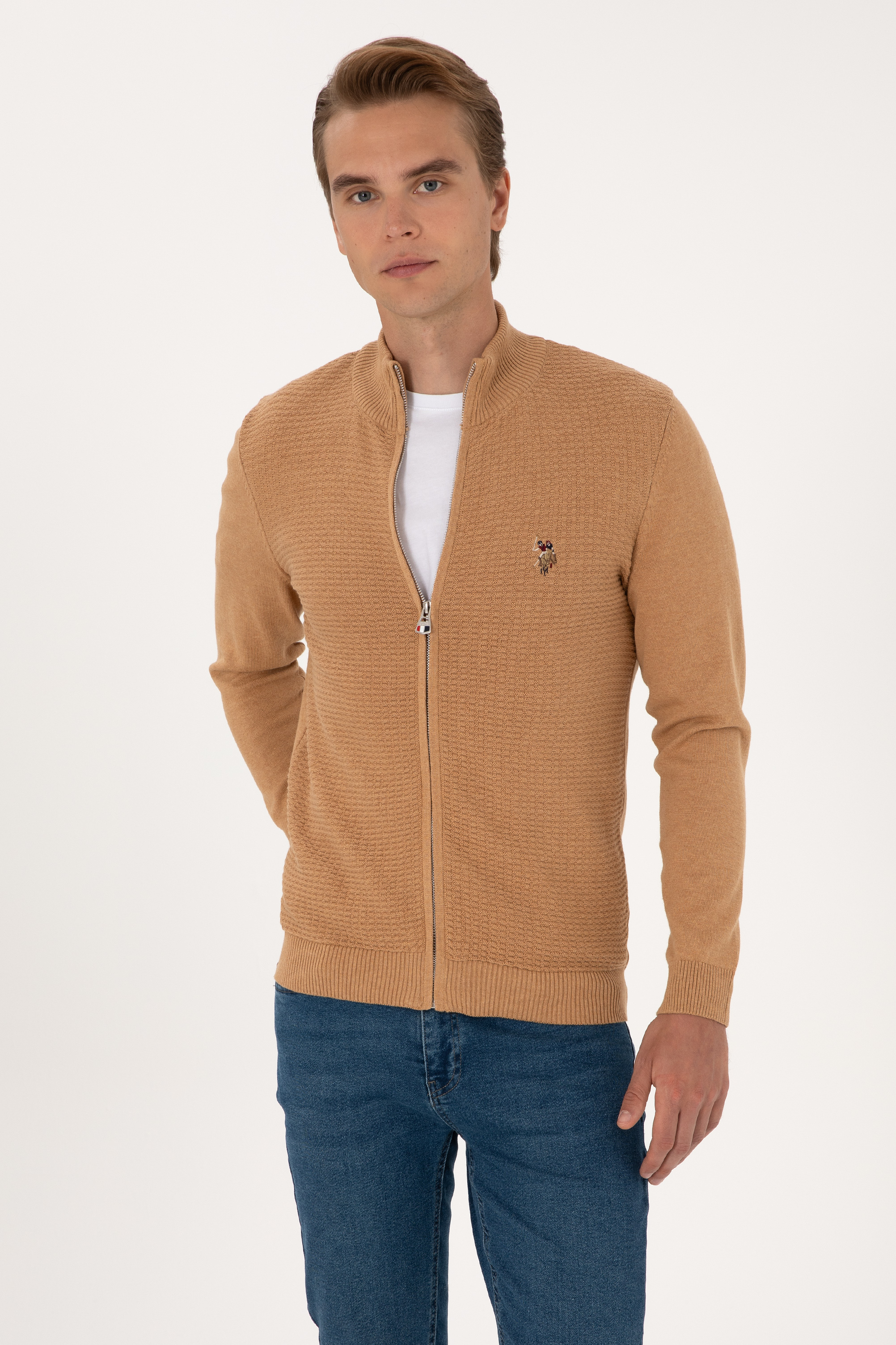 ژاکت تریکو بیسیک یقه ایستاده شتری ملانژ اندامی آستین بلند مردانه یو اس پولو | US POLO ASSN