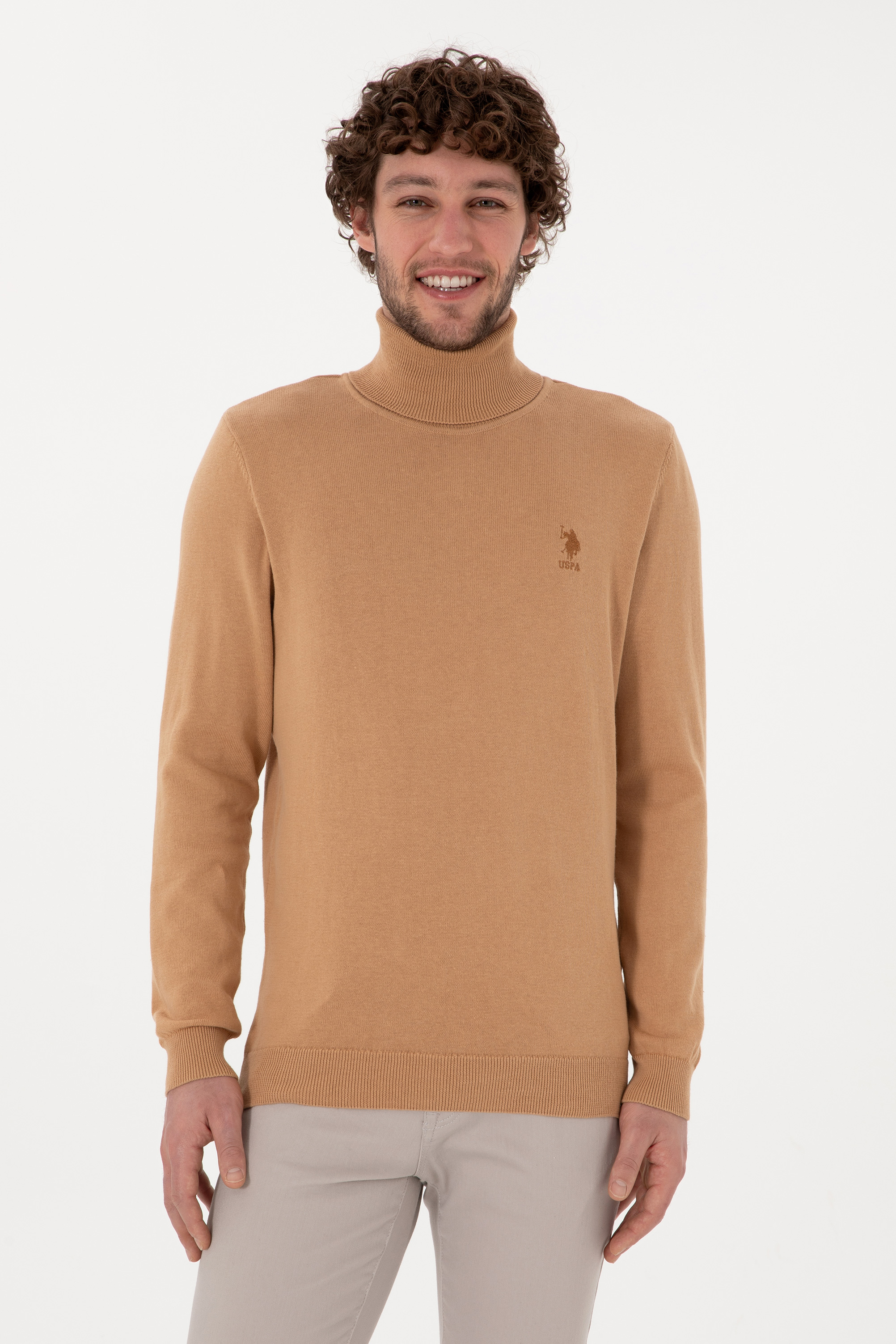 بافت بیسیک یقه اسکی شتری ملانژ اندامی آستین بلند مردانه یو اس پولو | US POLO ASSN