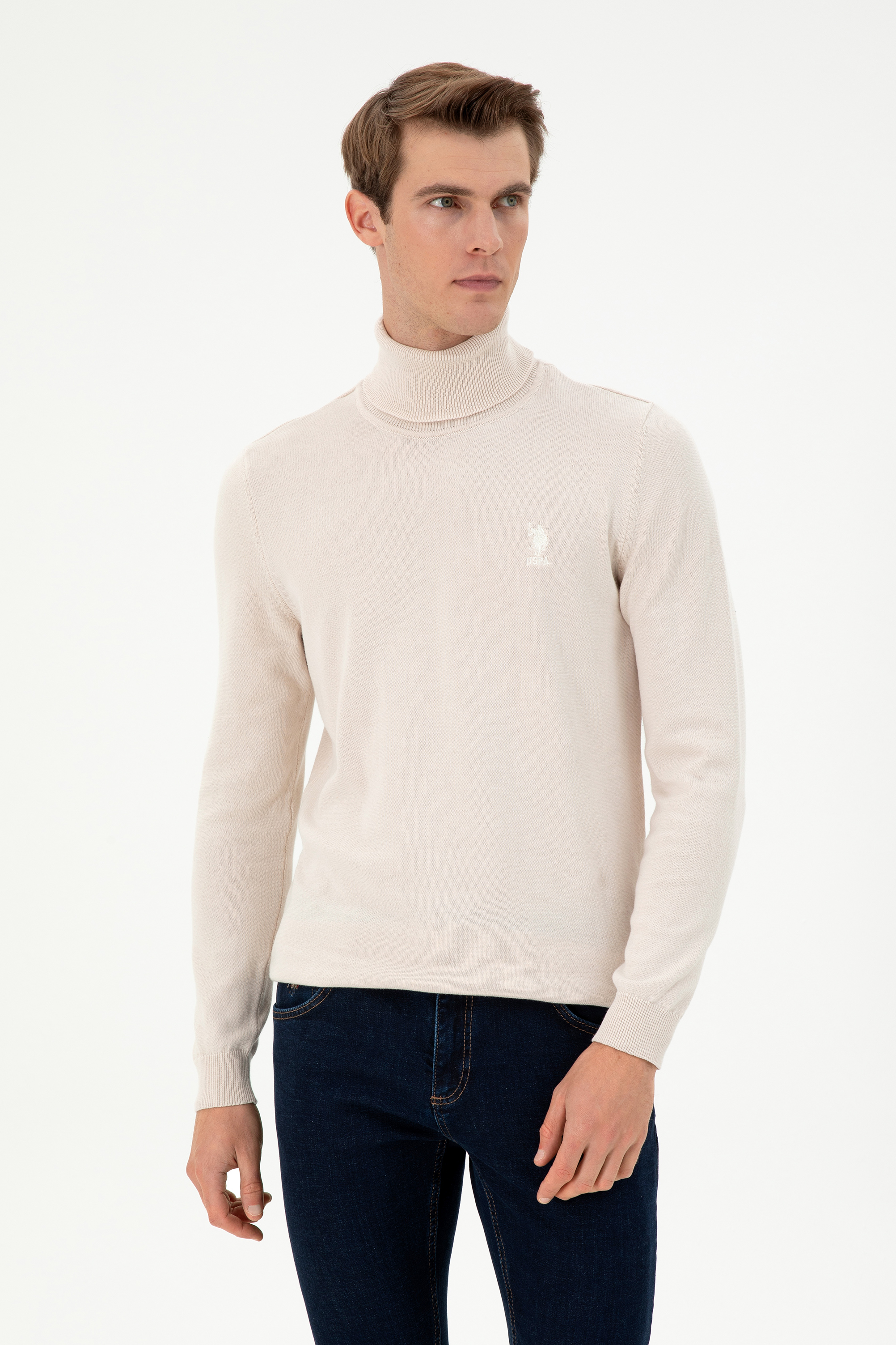بافت بیسیک یقه اسکی سفید ملانژ اندامی آستین بلند مردانه یو اس پولو | US POLO ASSN
