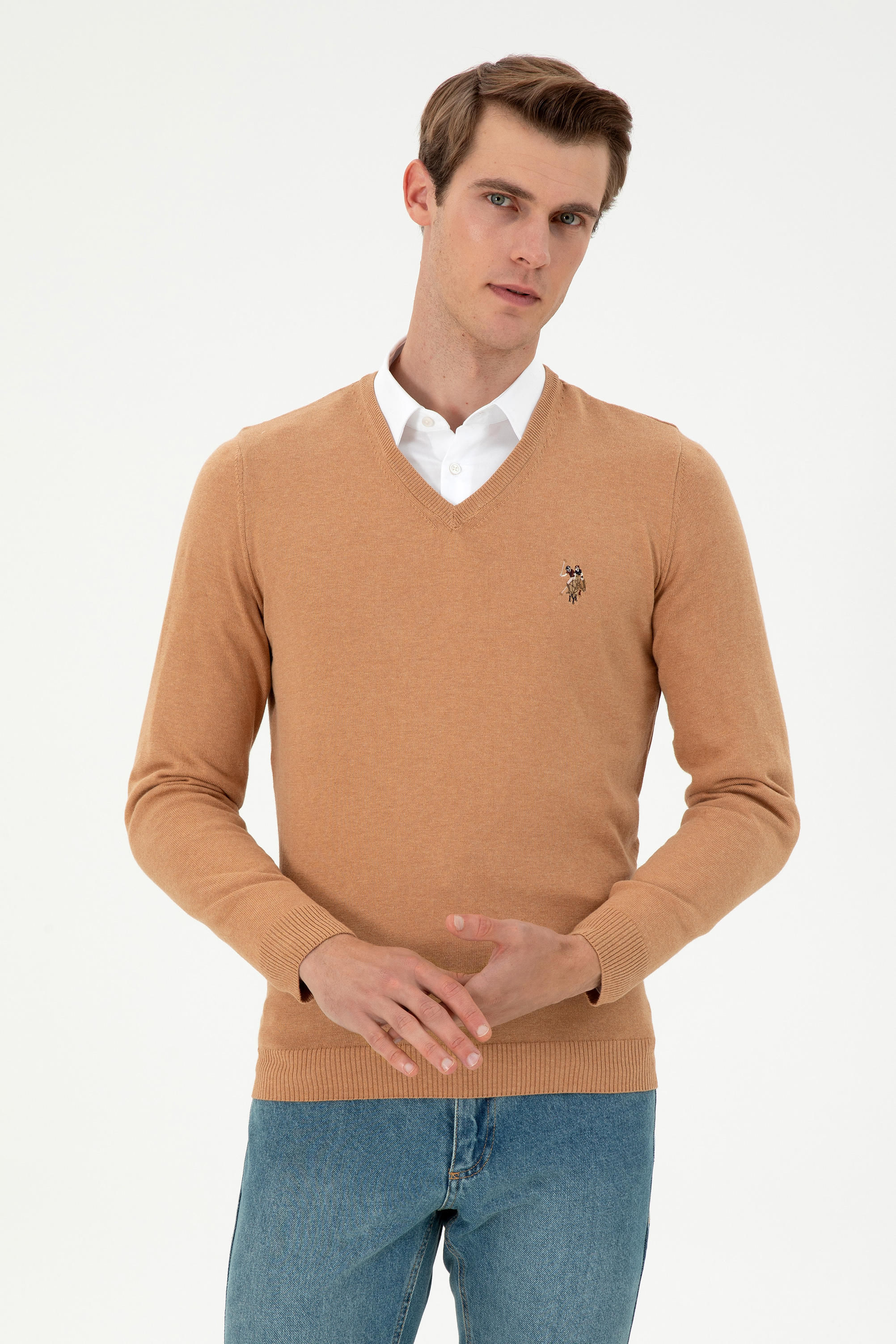 بافت بیسیک یقه هفت شتری ملانژ اندامی مردانه یو اس پولو | US POLO ASSN