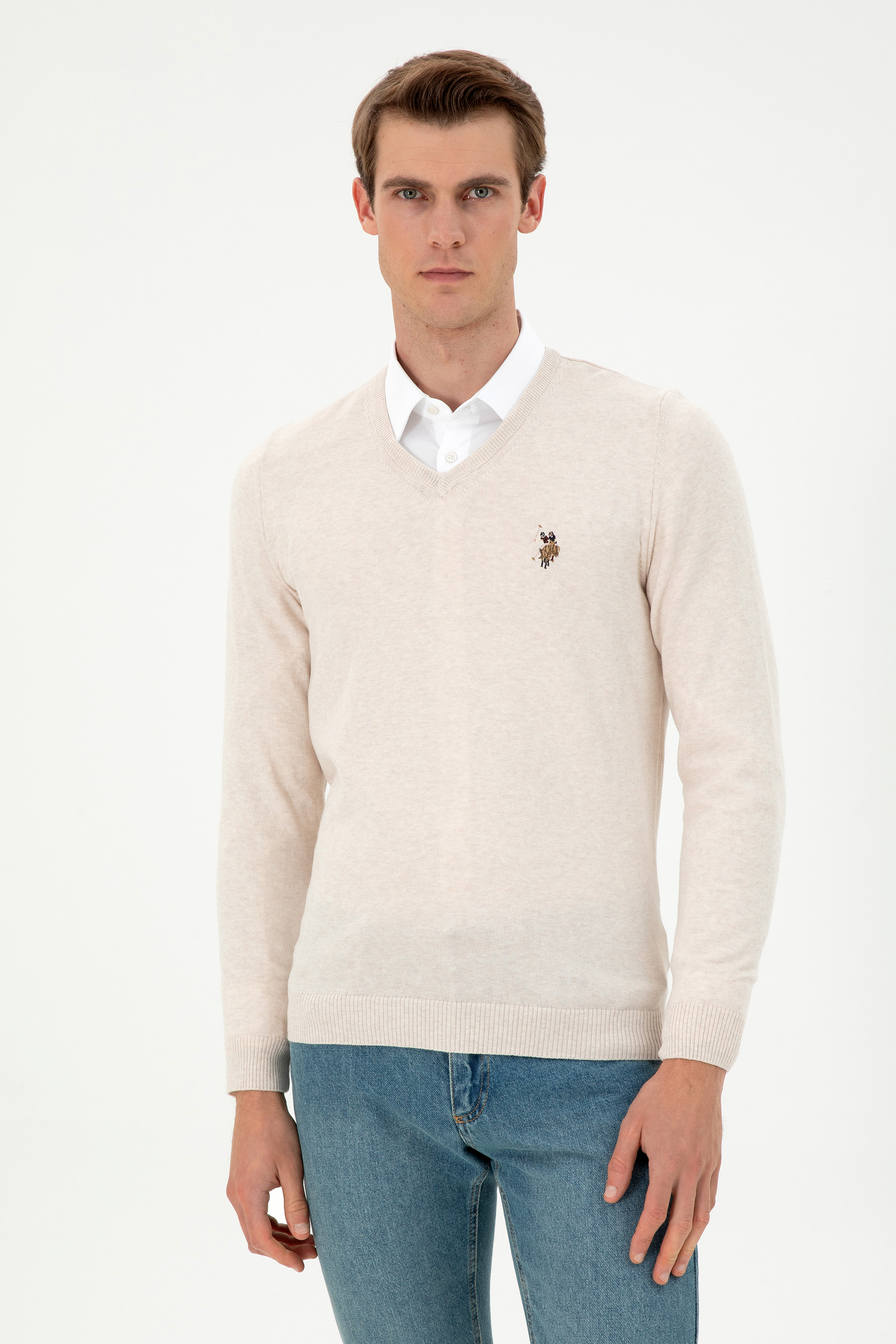 بافت بیسیک یقه هفت سفید ملانژ اندامی مردانه یو اس پولو | US POLO ASSN