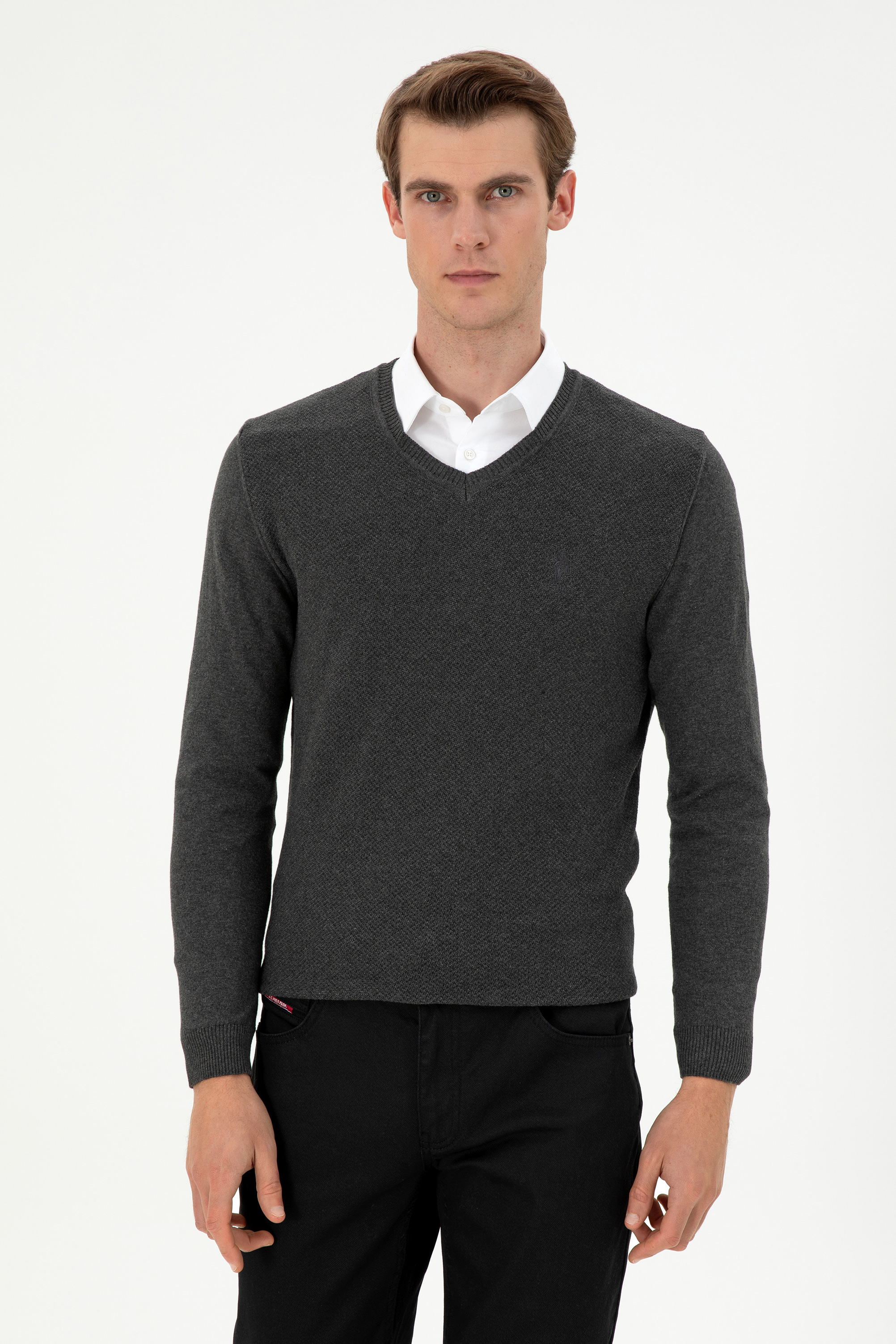 بافت بیسیک یقه هفت زغالی ملانژ اندامی آستین بلند مردانه یو اس پولو | US POLO ASSN