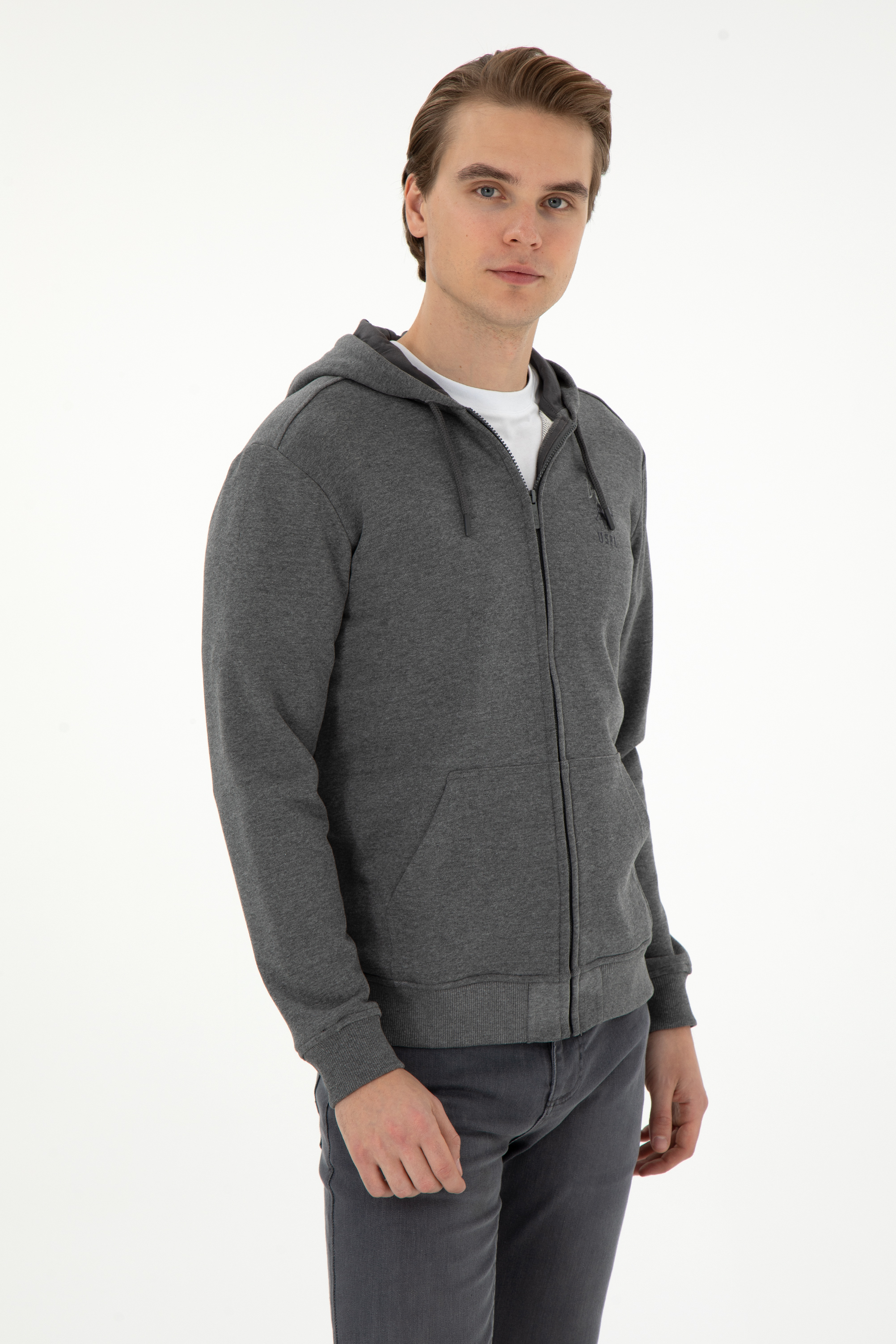 ژاکت هودی زغالی ملانژ رگولار آستین بلند مردانه یو اس پولو | US POLO ASSN