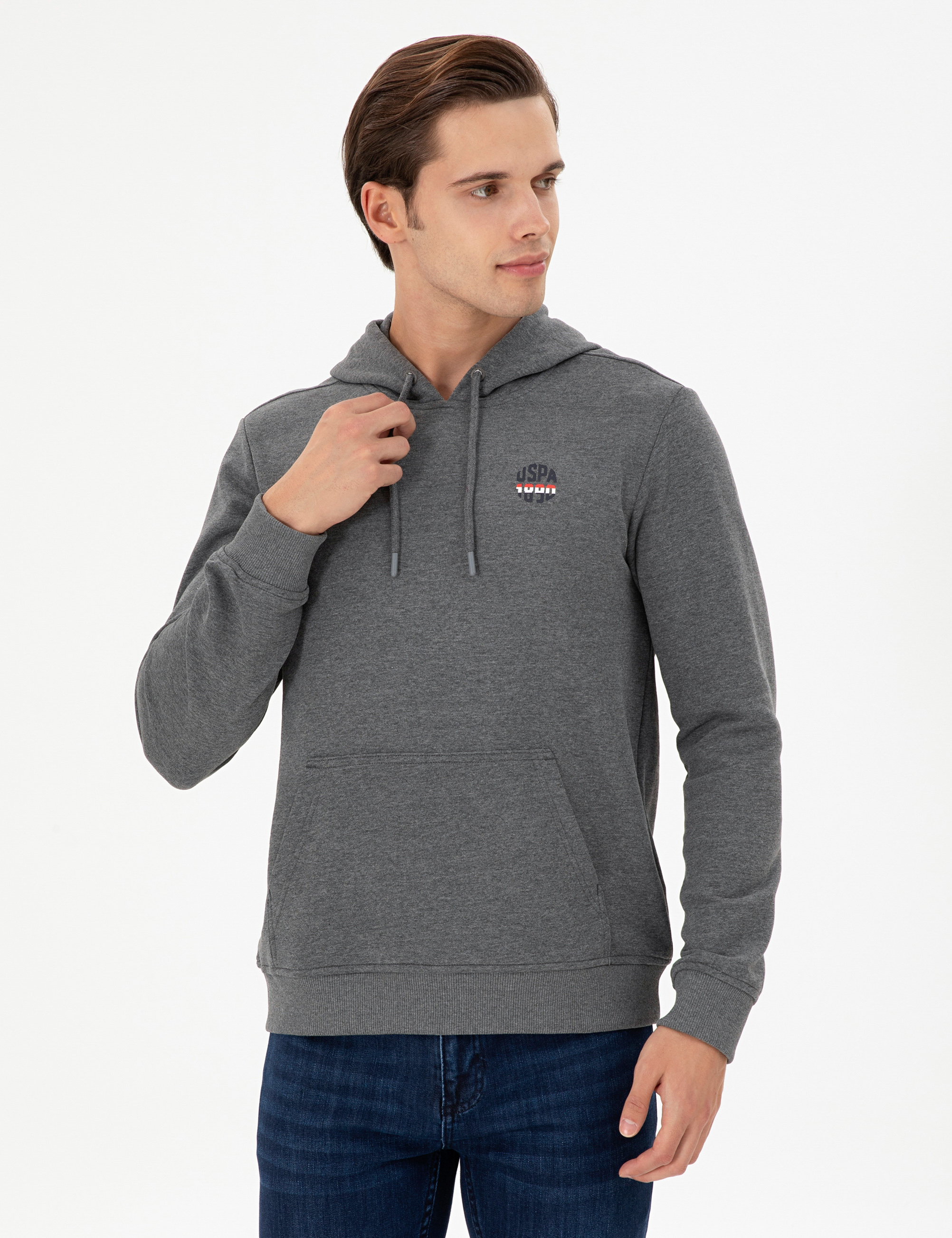سویشرت هودی زغالی ملانژ رگولار آستین بلند مردانه یو اس پولو | US POLO ASSN