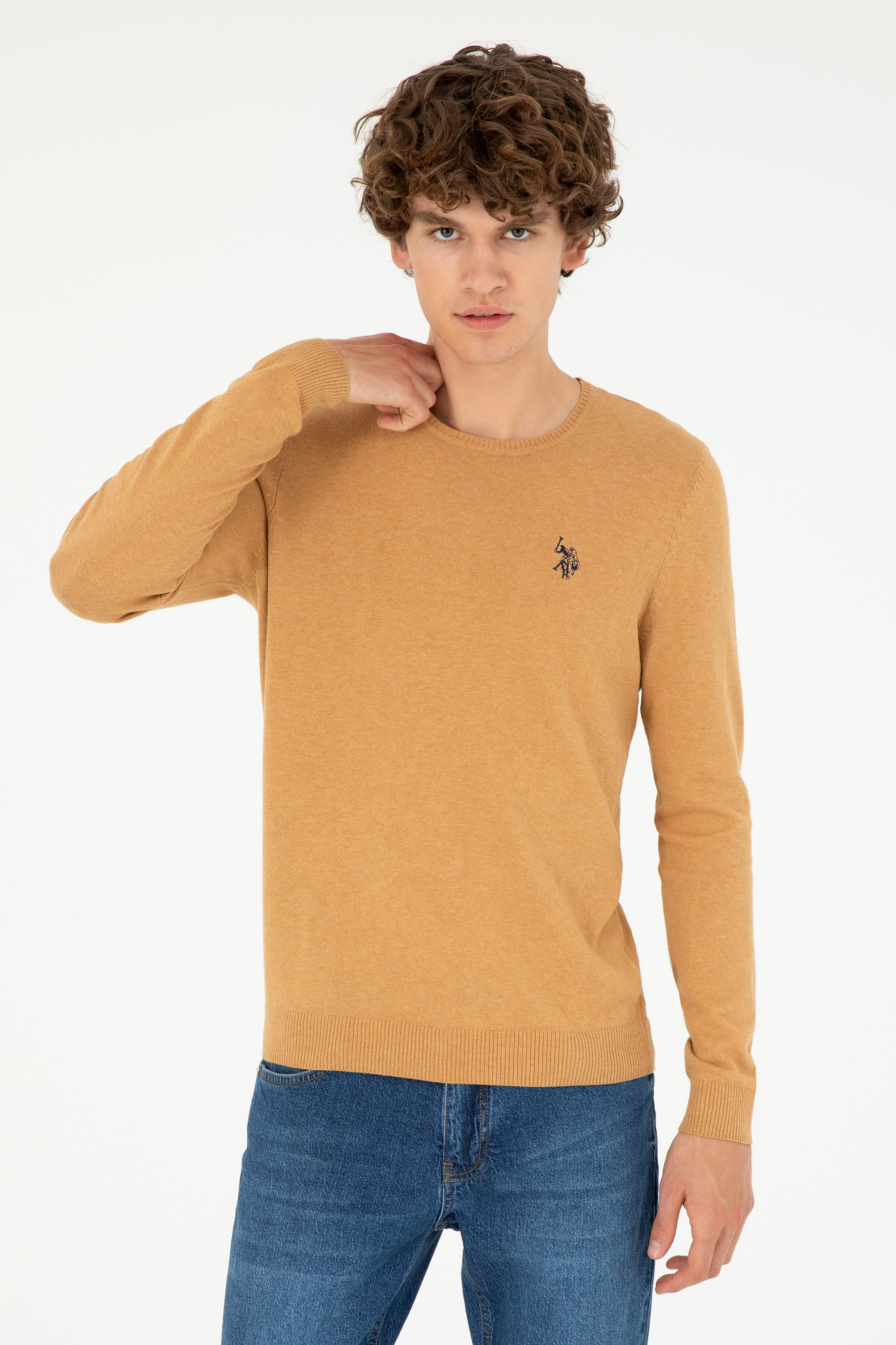 بافت بیسیک یقه گرد شتری ملانژ اندامی مردانه یو اس پولو | US POLO ASSN