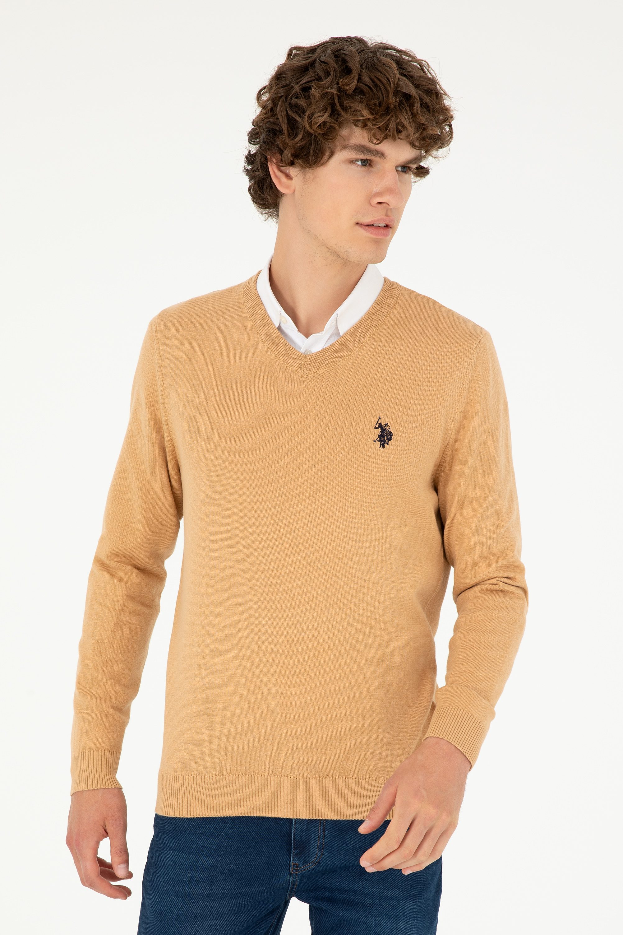 بافت بیسیک یقه هفت شتری ملانژ اندامی مردانه یو اس پولو | US POLO ASSN