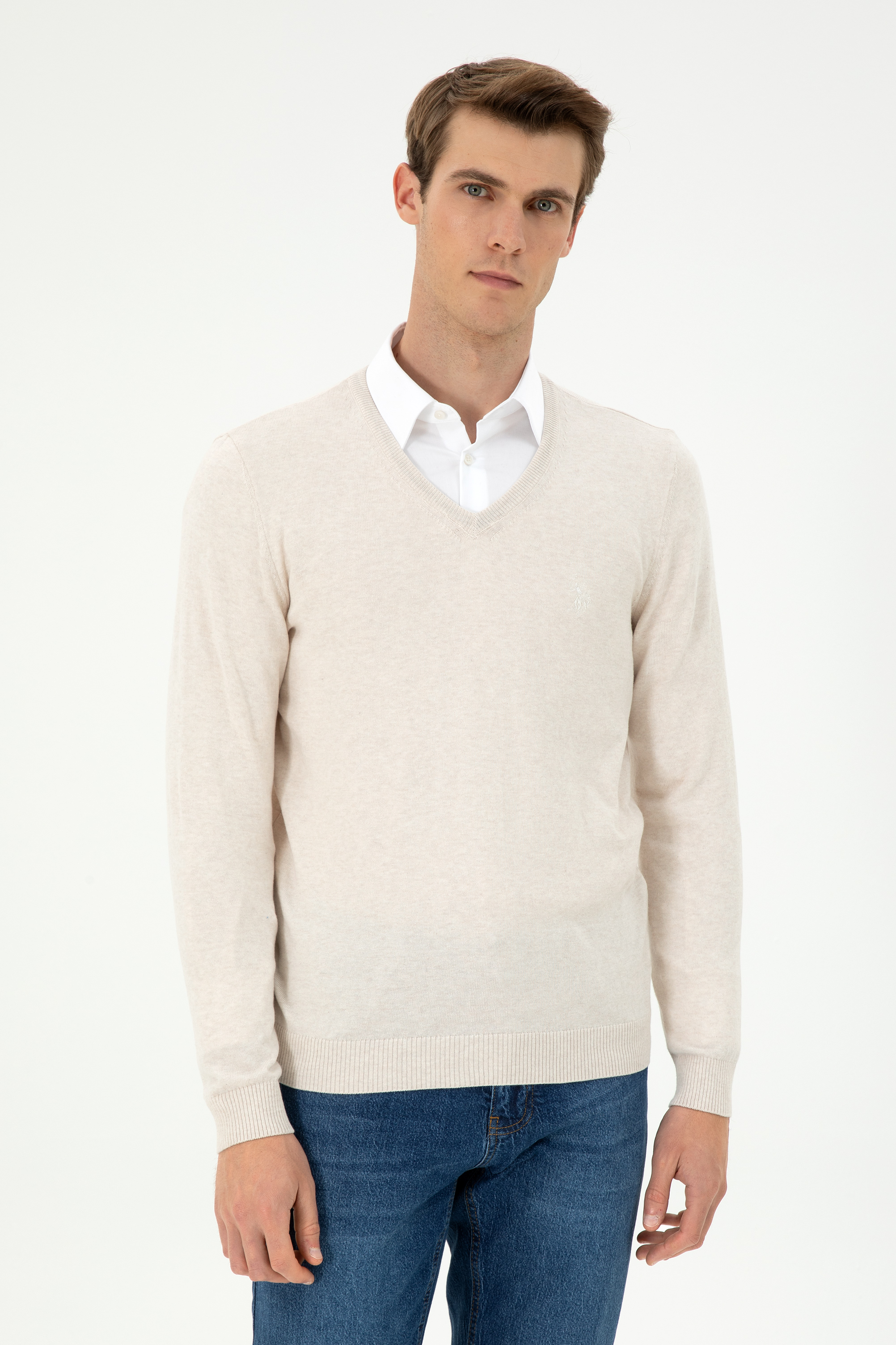 بافت بیسیک یقه هفت سفید ملانژ اندامی مردانه یو اس پولو | US POLO ASSN