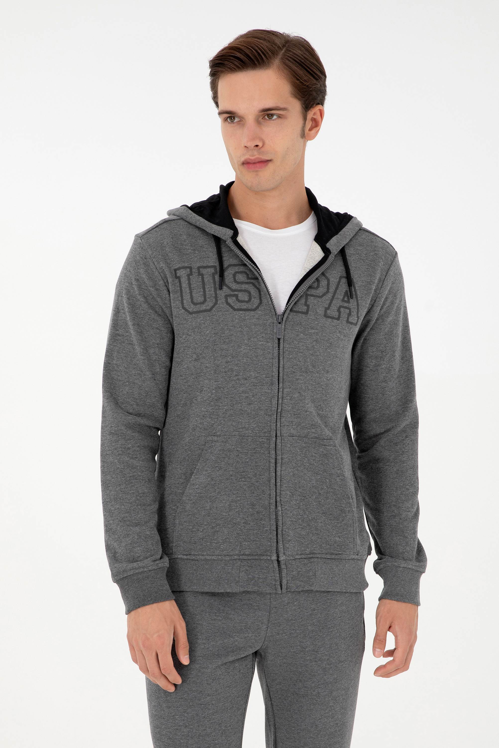 ژاکت هودی زغالی ملانژ رگولار آستین بلند مردانه یو اس پولو | US POLO ASSN