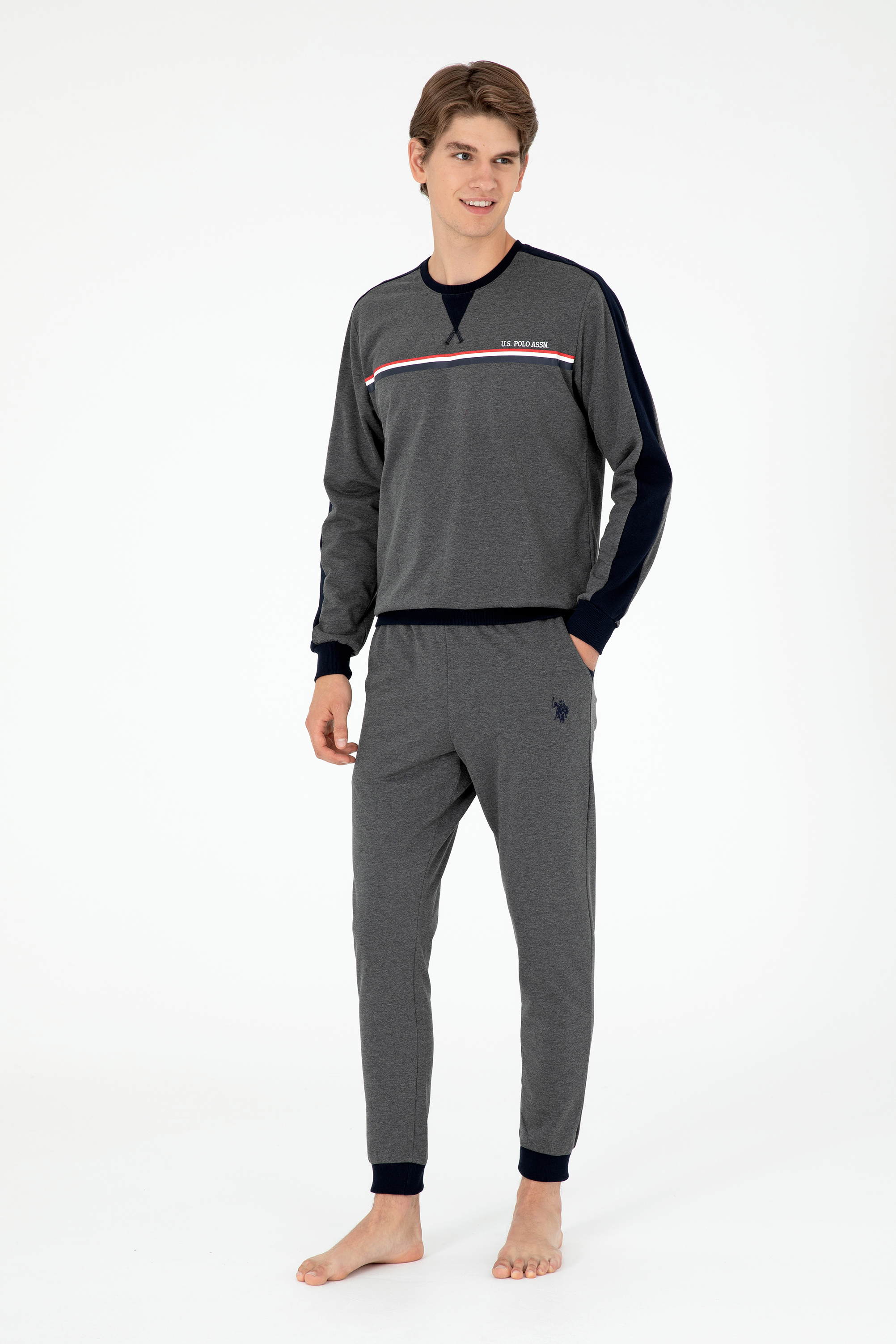 ست پیژامه یقه گرد زغالی ملانژ استاندارد فیت مردانه یو اس پولو | US POLO ASSN