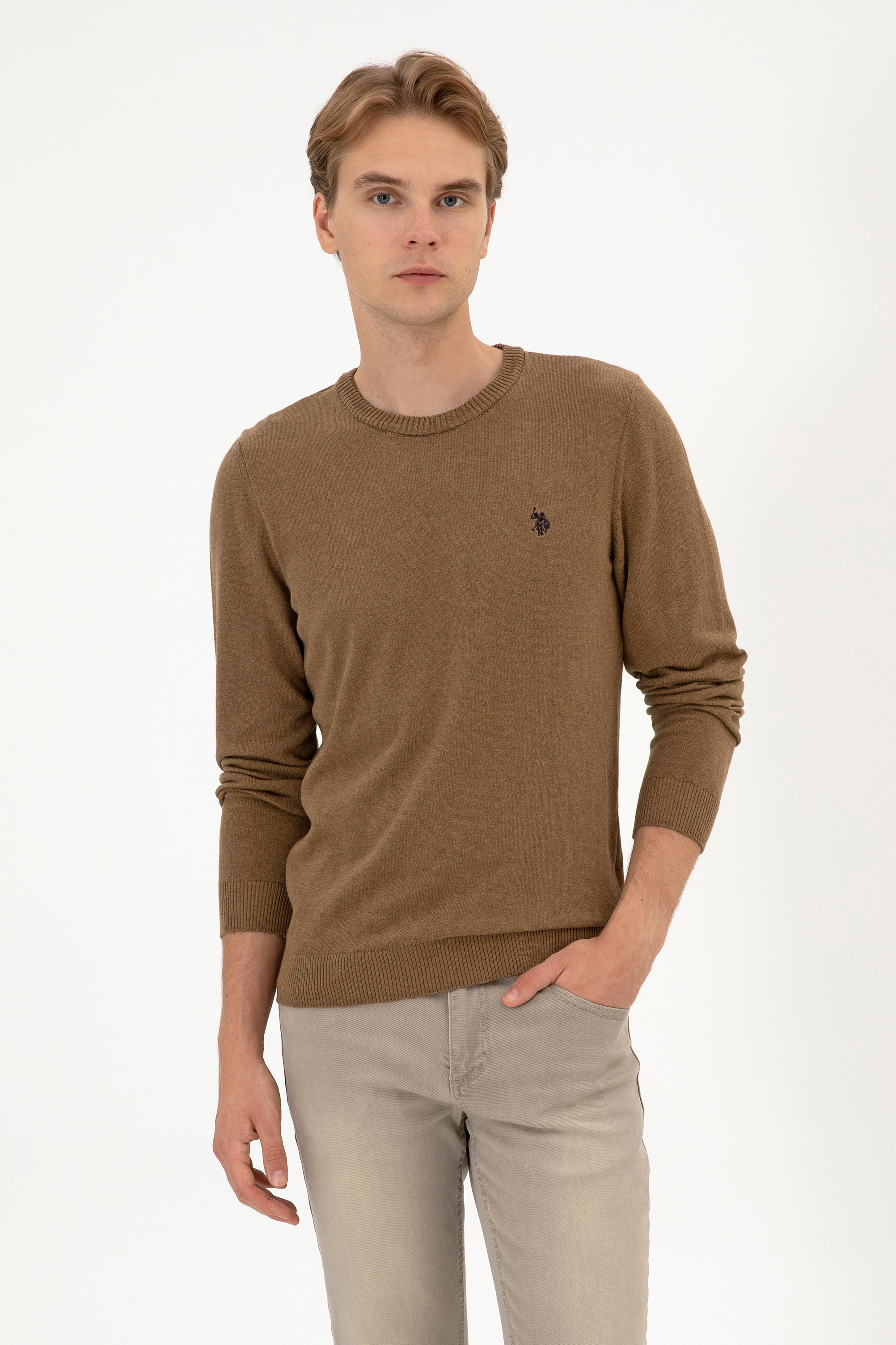 بافت بیسیک خاکی ملانژ اندامی مردانه یو اس پولو | US POLO ASSN