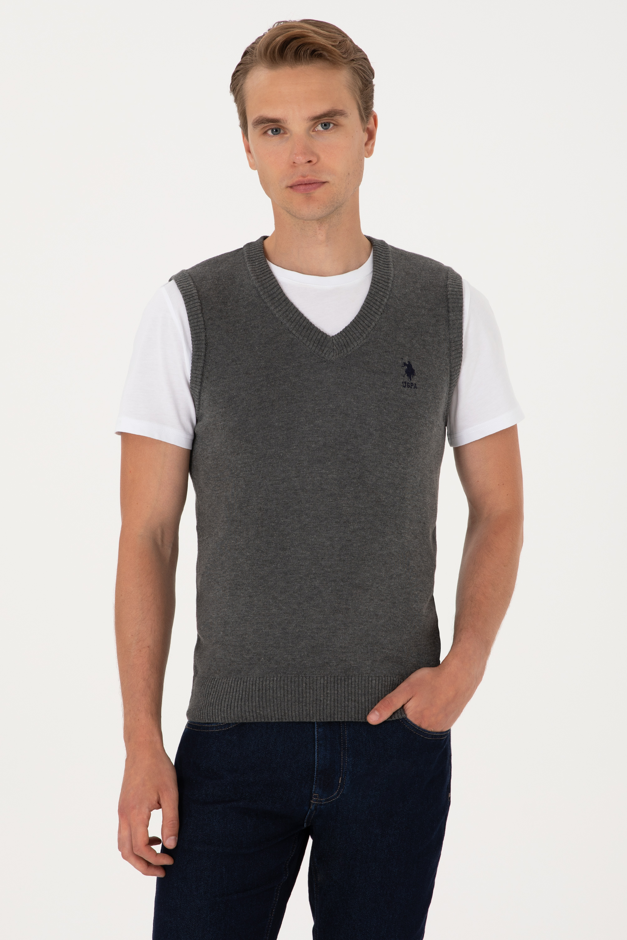 پلیور زغالی ملانژ رگولار مردانه یو اس پولو | US POLO ASSN