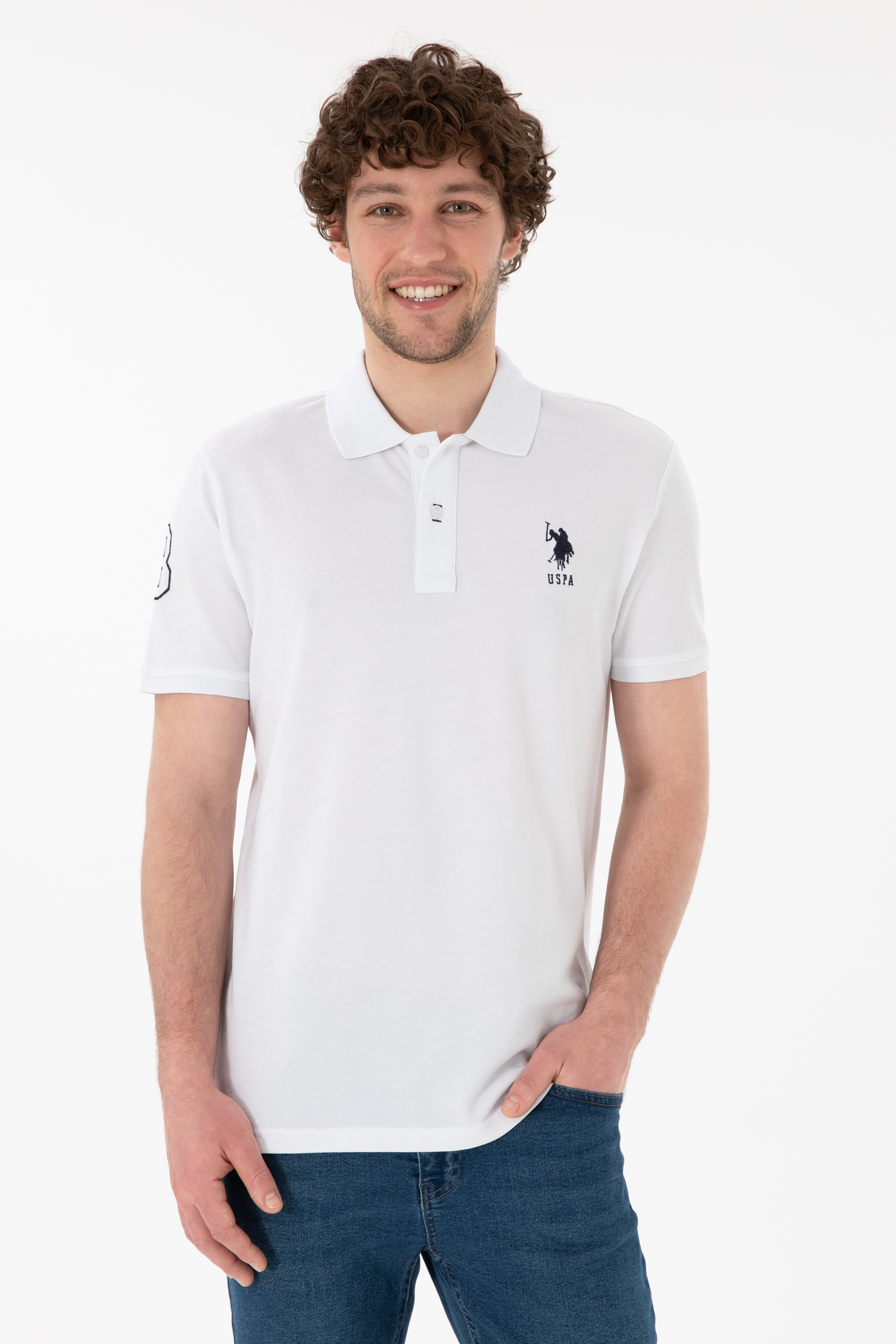 تی شرت بیسیک یقه پولو سفید اندامی مردانه یو اس پولو | US POLO ASSN