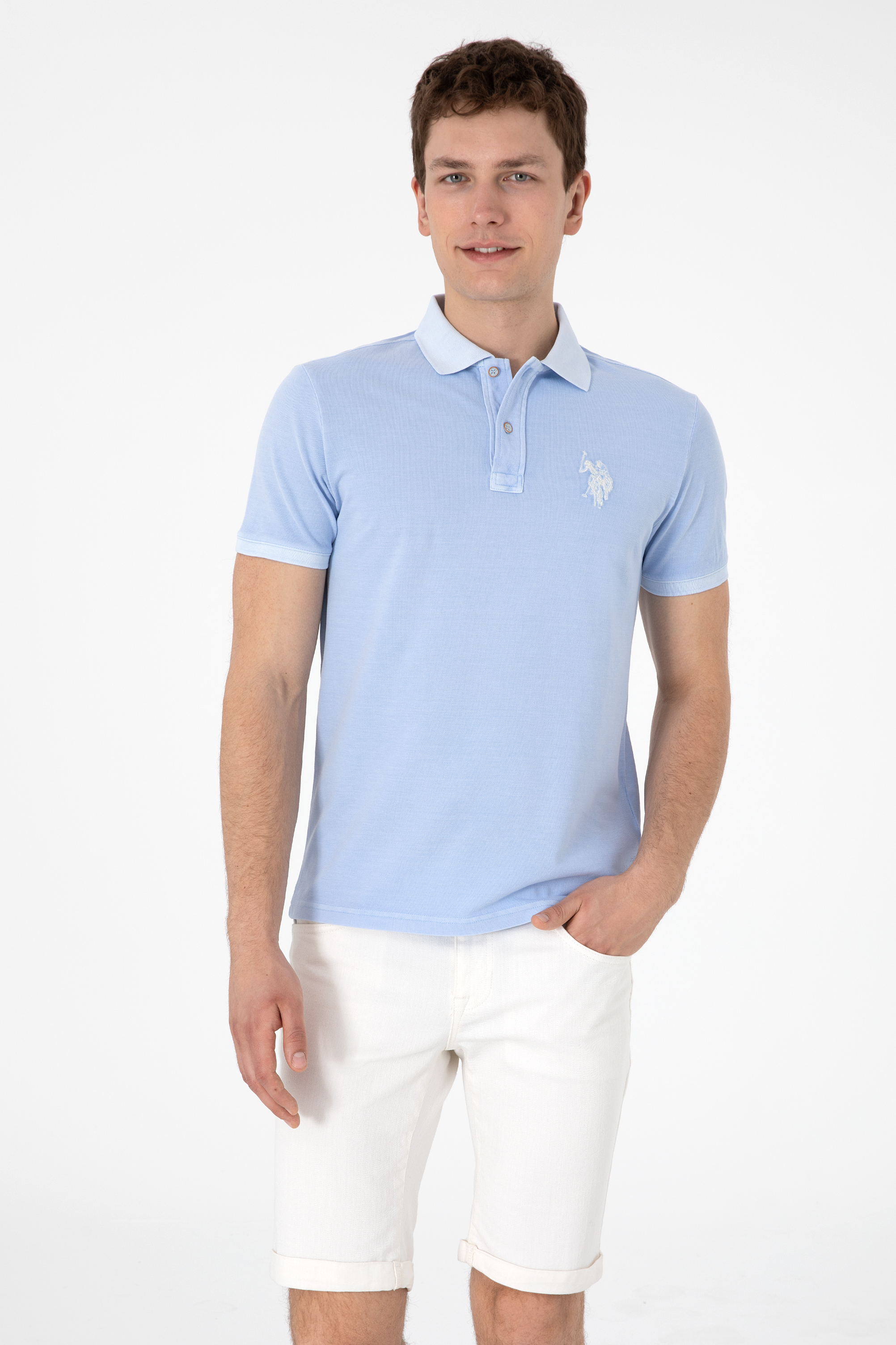 تی شرت بیسیک یقه پولو سورمه ای روشن اندامی مردانه یو اس پولو | US POLO ASSN