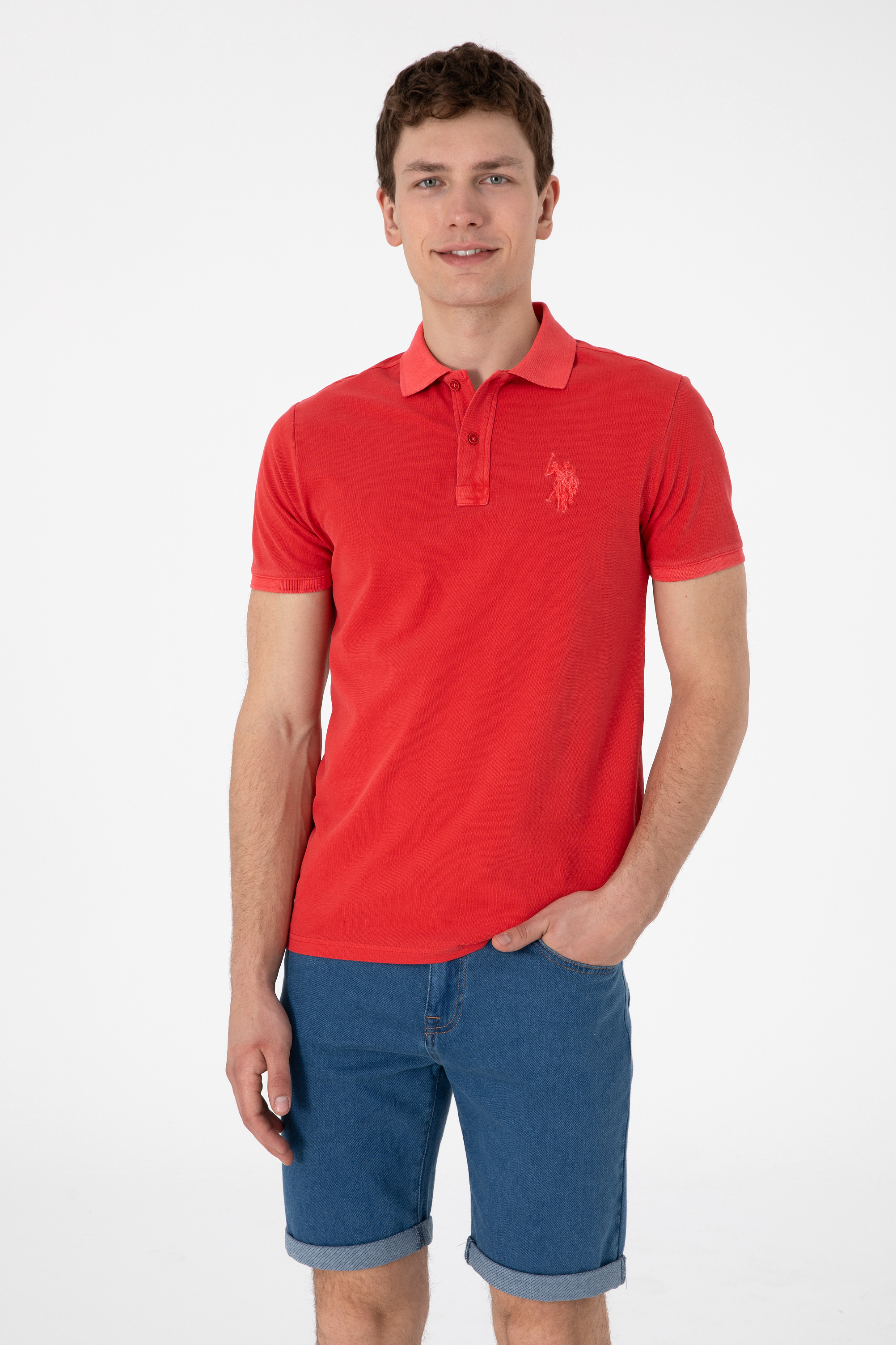 تی شرت بیسیک یقه پولو قرمز اندامی مردانه یو اس پولو | US POLO ASSN
