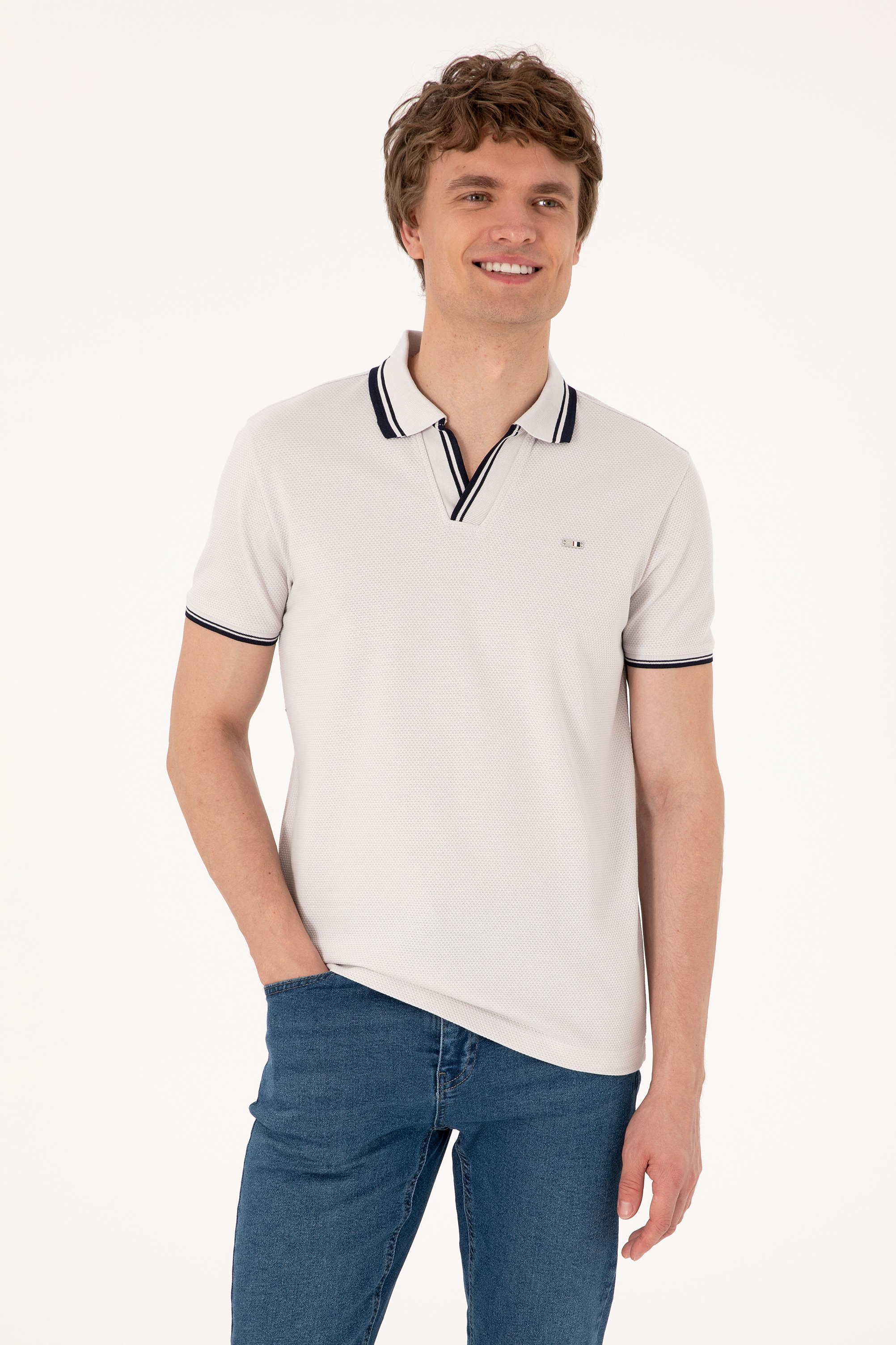 تی شرت یقه پولو خاکستری روشن اندامی مردانه یو اس پولو | US POLO ASSN