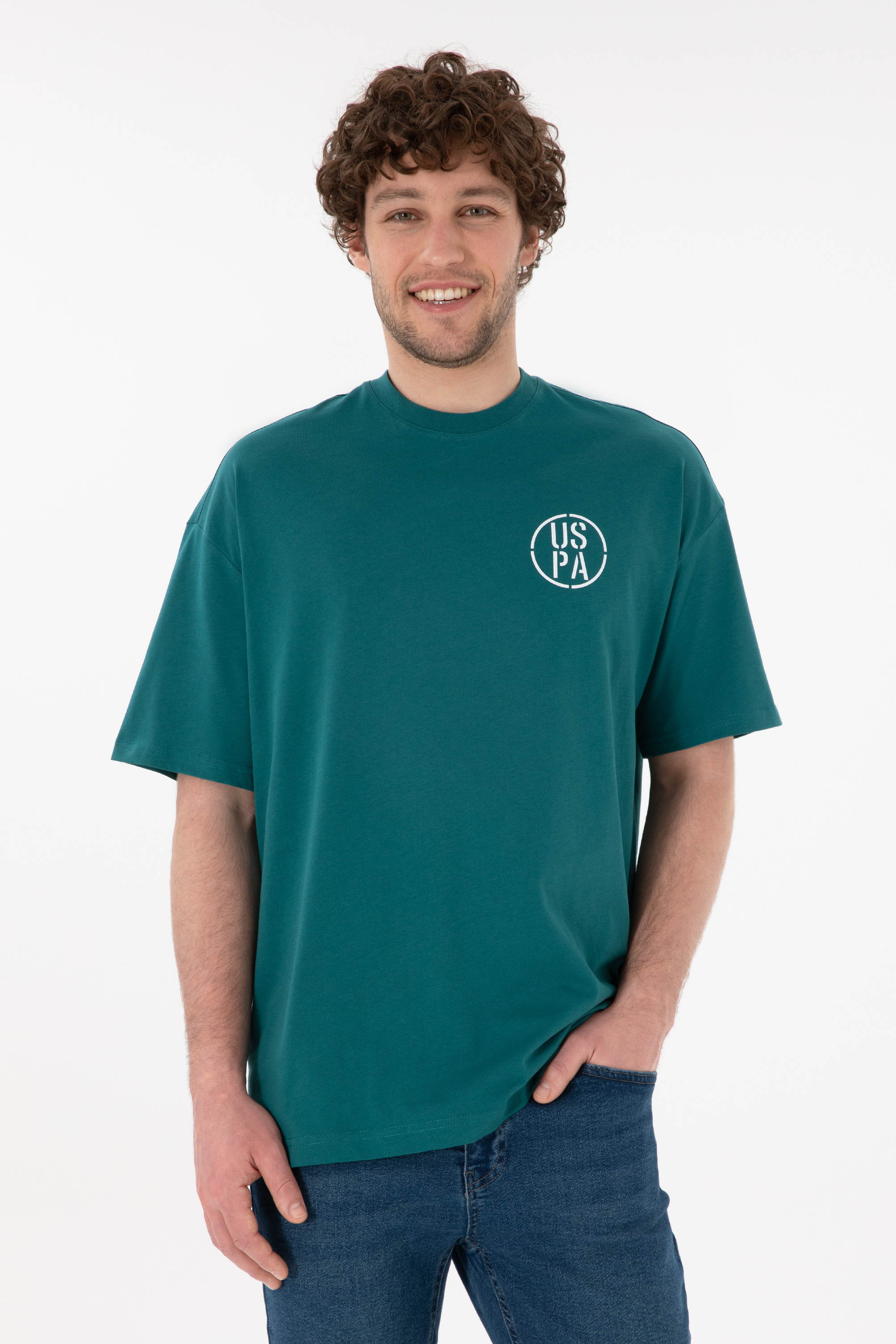تی شرت یقه گرد سبز تیره Oversize آستین کوتاه مردانه یو اس پولو | US POLO ASSN